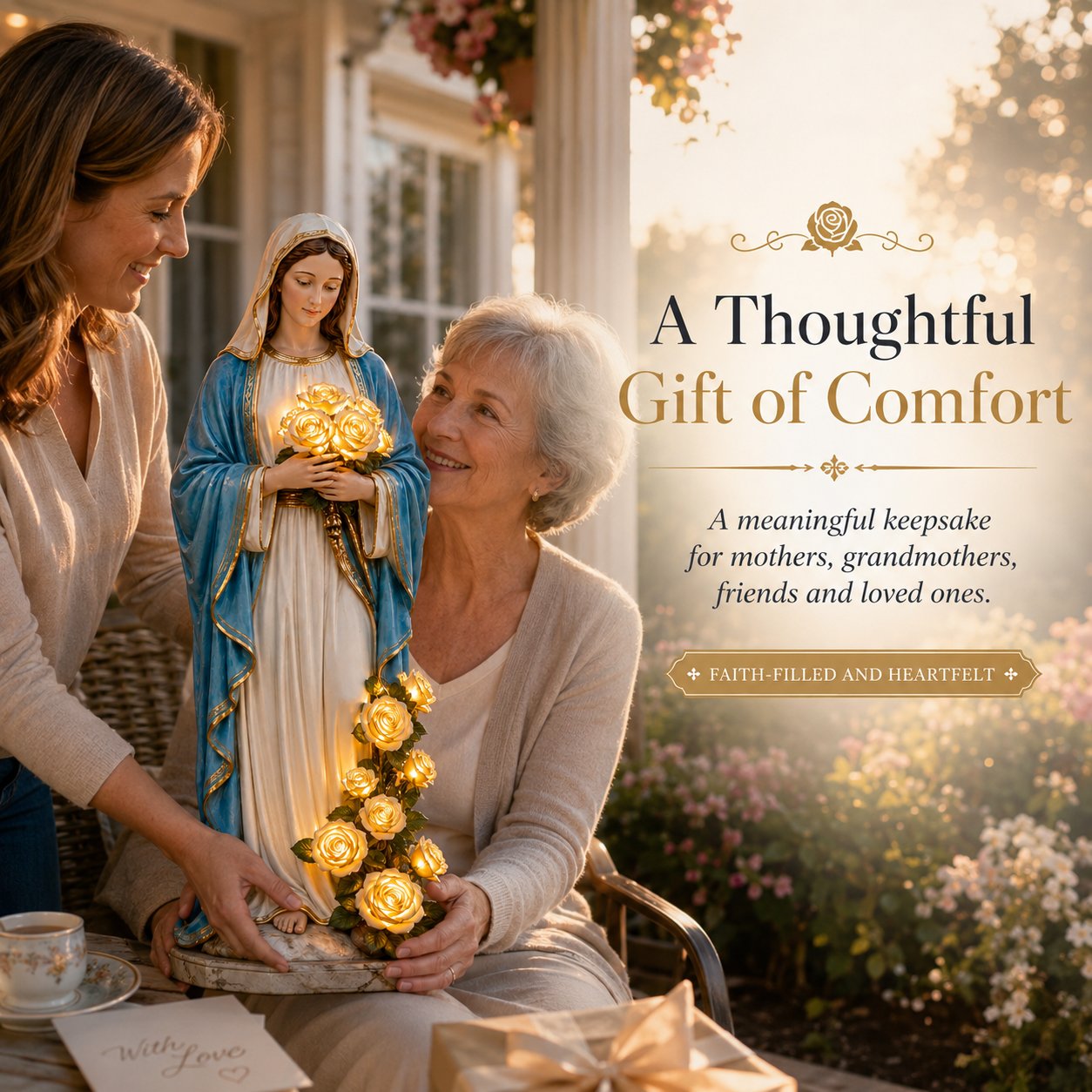 ✝️Solar Virgin Mary Statue With Glowing Golden Rose Lights✨