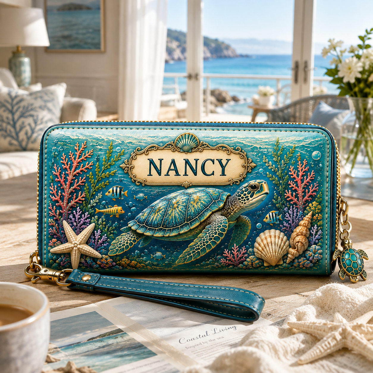 Personalized Ocean Life Zip-Around Wristlet Wallet 🌊🐢