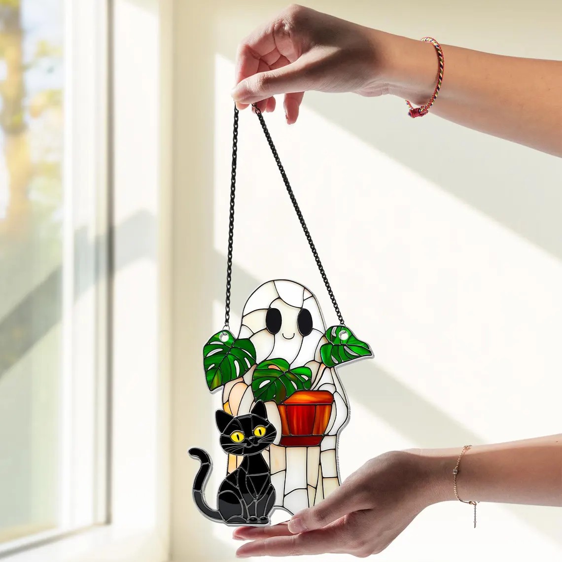 👻🐱Cute Ghost Monstera & Black Cat Acrylic Suncatcher✨