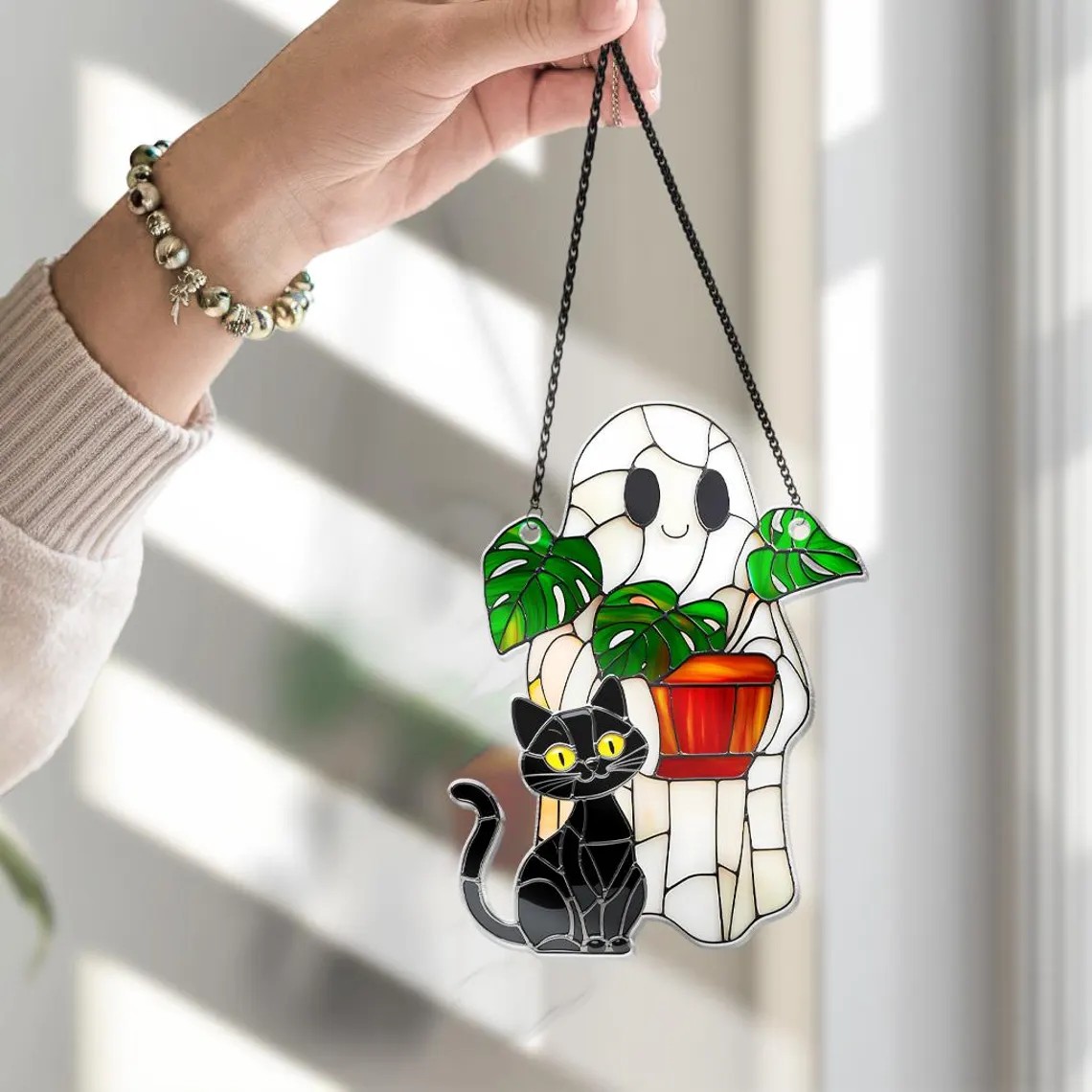 👻🐱Cute Ghost Monstera & Black Cat Acrylic Suncatcher✨