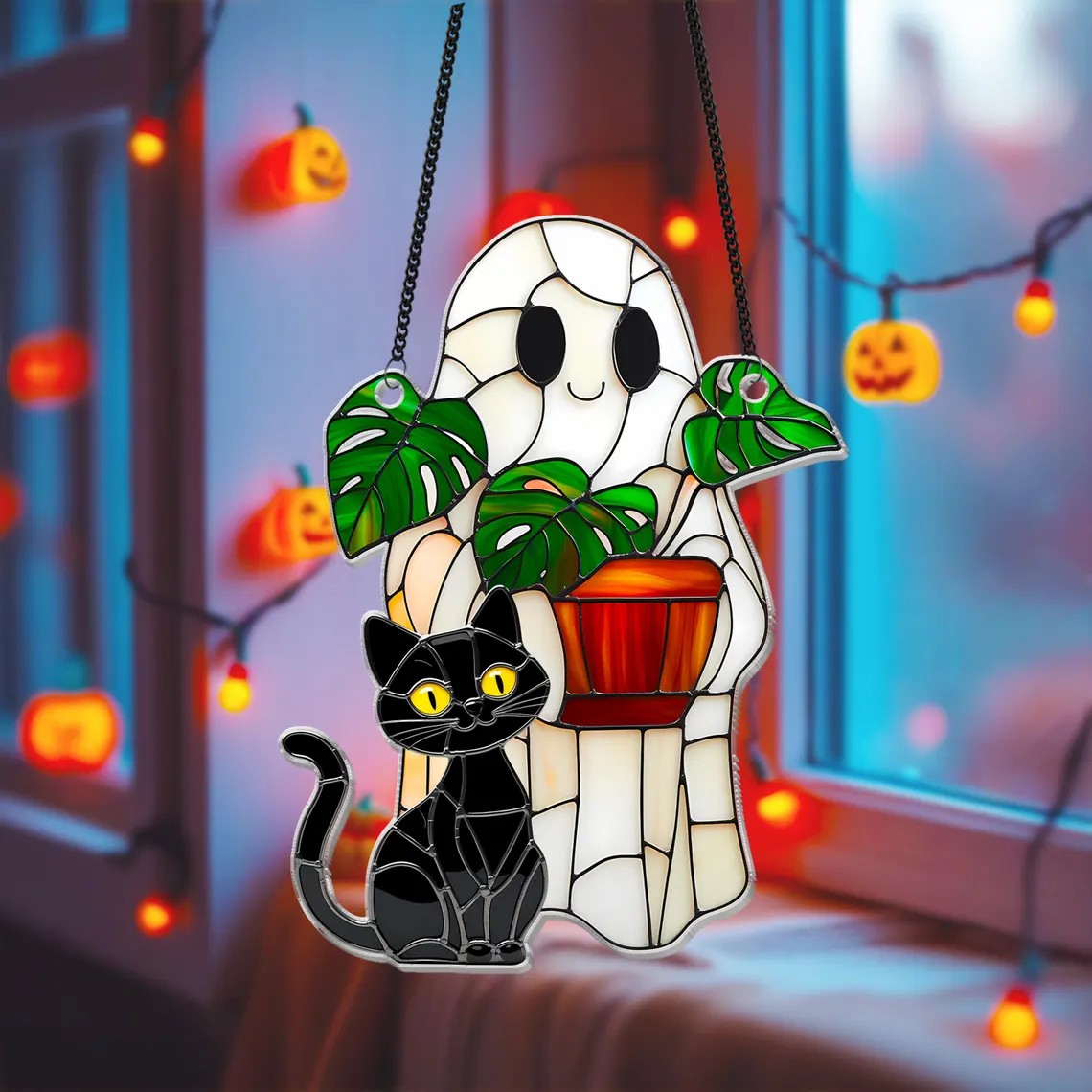 👻🐱Cute Ghost Monstera & Black Cat Acrylic Suncatcher✨