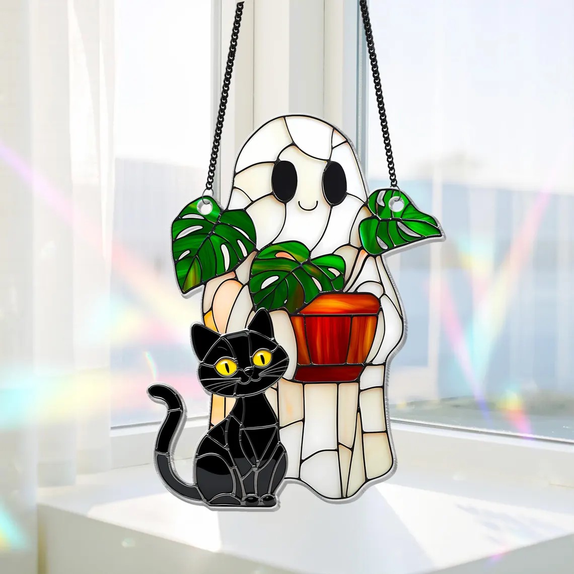 👻🐱Cute Ghost Monstera & Black Cat Acrylic Suncatcher✨