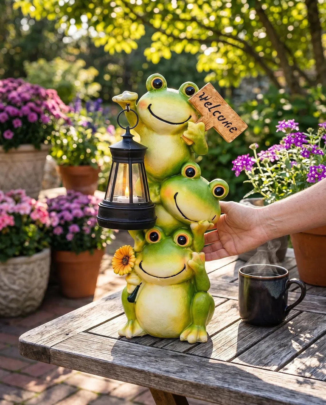 Stacked Frogs Solar Garden Statue with Lantern Light