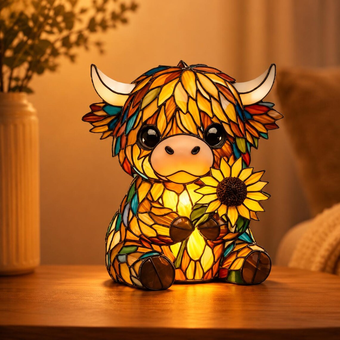 🐮🌻 Colorful Stained-Glass Highland Cow LED Night Light ✨