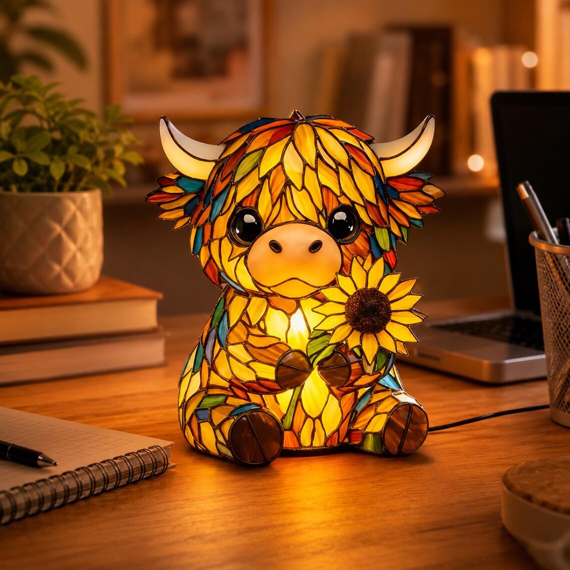🐮🌻 Colorful Stained-Glass Highland Cow LED Night Light ✨