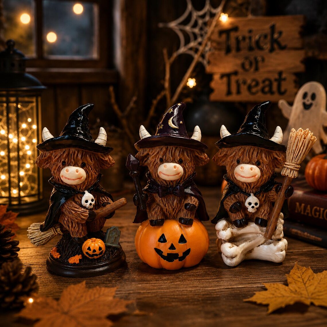 🎃🦉Halloween Witch Highland Cow Figurines✨