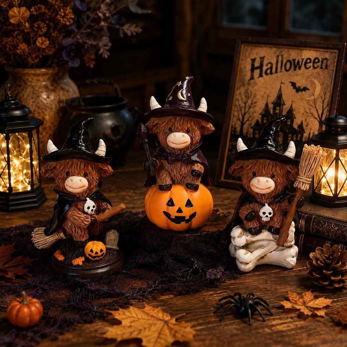 🎃🦉Halloween Witch Highland Cow Figurines✨