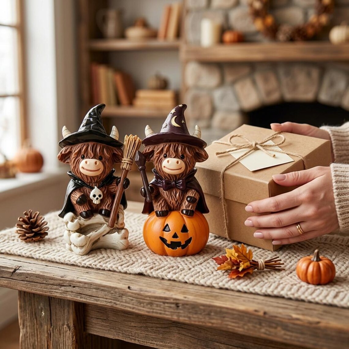 🎃🦉Halloween Witch Highland Cow Figurines✨