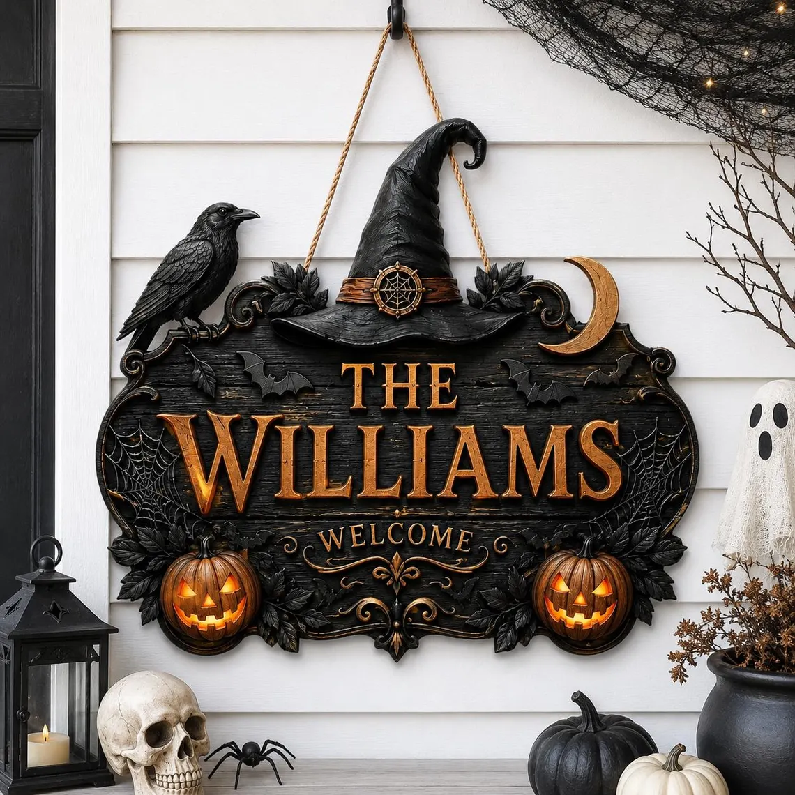 🎃Personalized Witch Hat Crow Family Name Halloween Hanging Sign✨