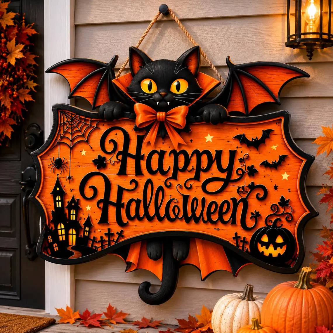 🎃Personalized Bat Wing Black Cat Happy Halloween Custom Hanging Sign✨