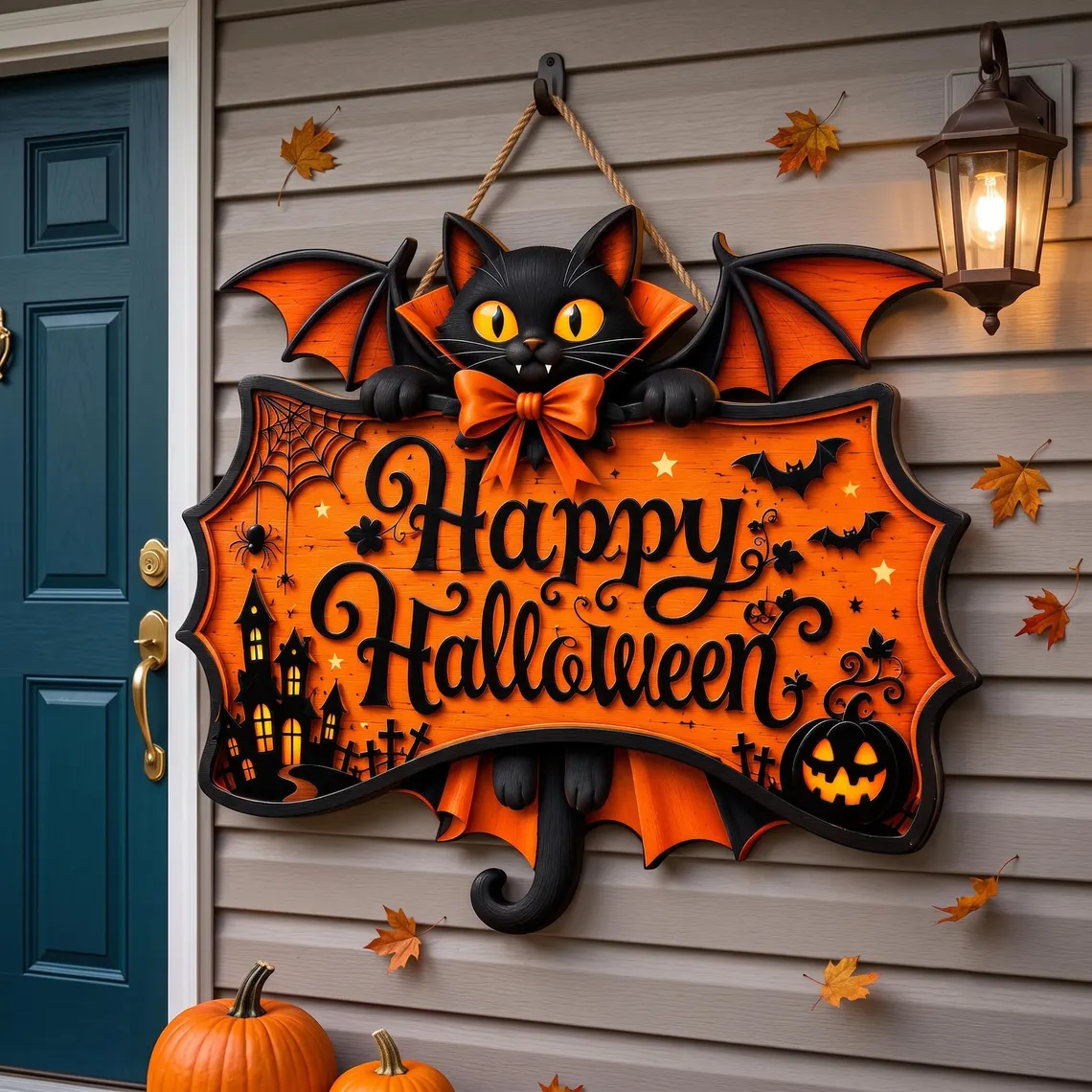 🎃Personalized Bat Wing Black Cat Happy Halloween Custom Hanging Sign✨