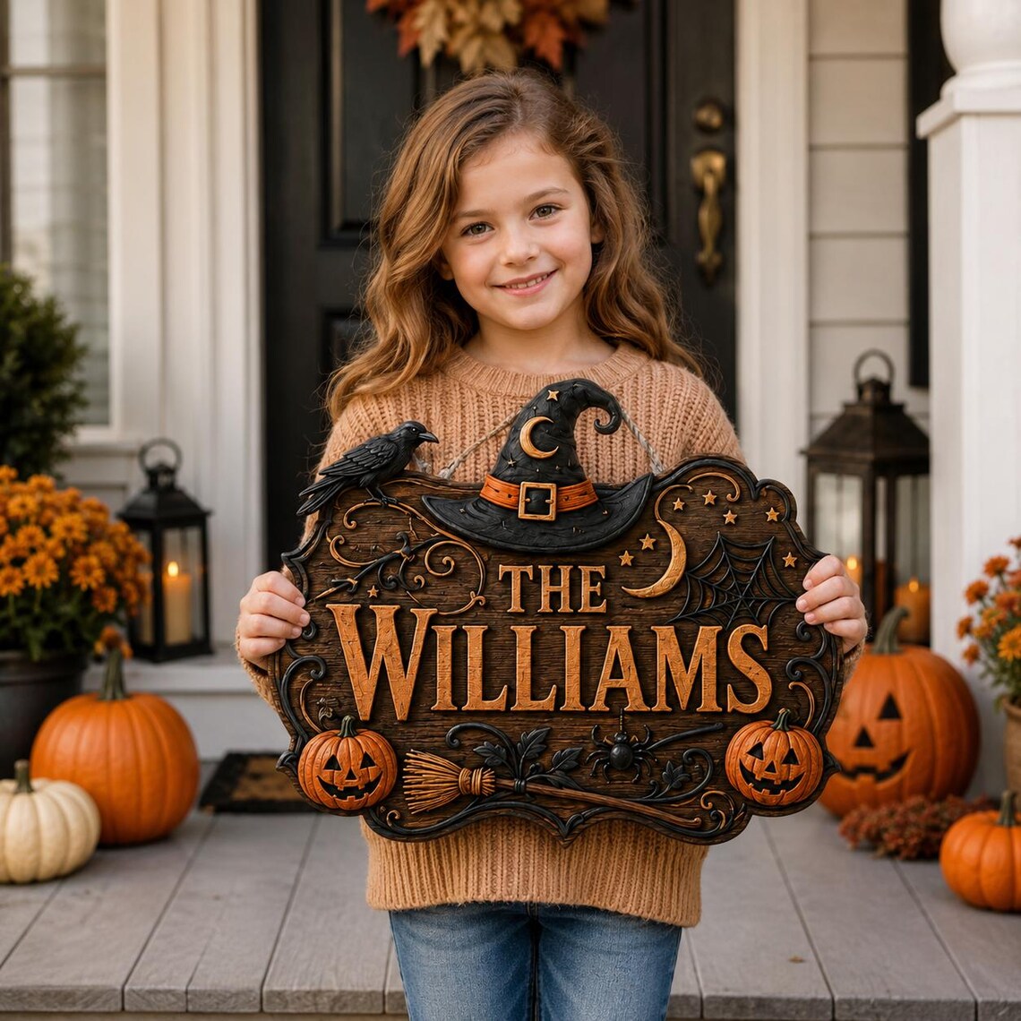 🎃Personalized Witch Hat Crow Family Name Halloween Hanging Sign✨