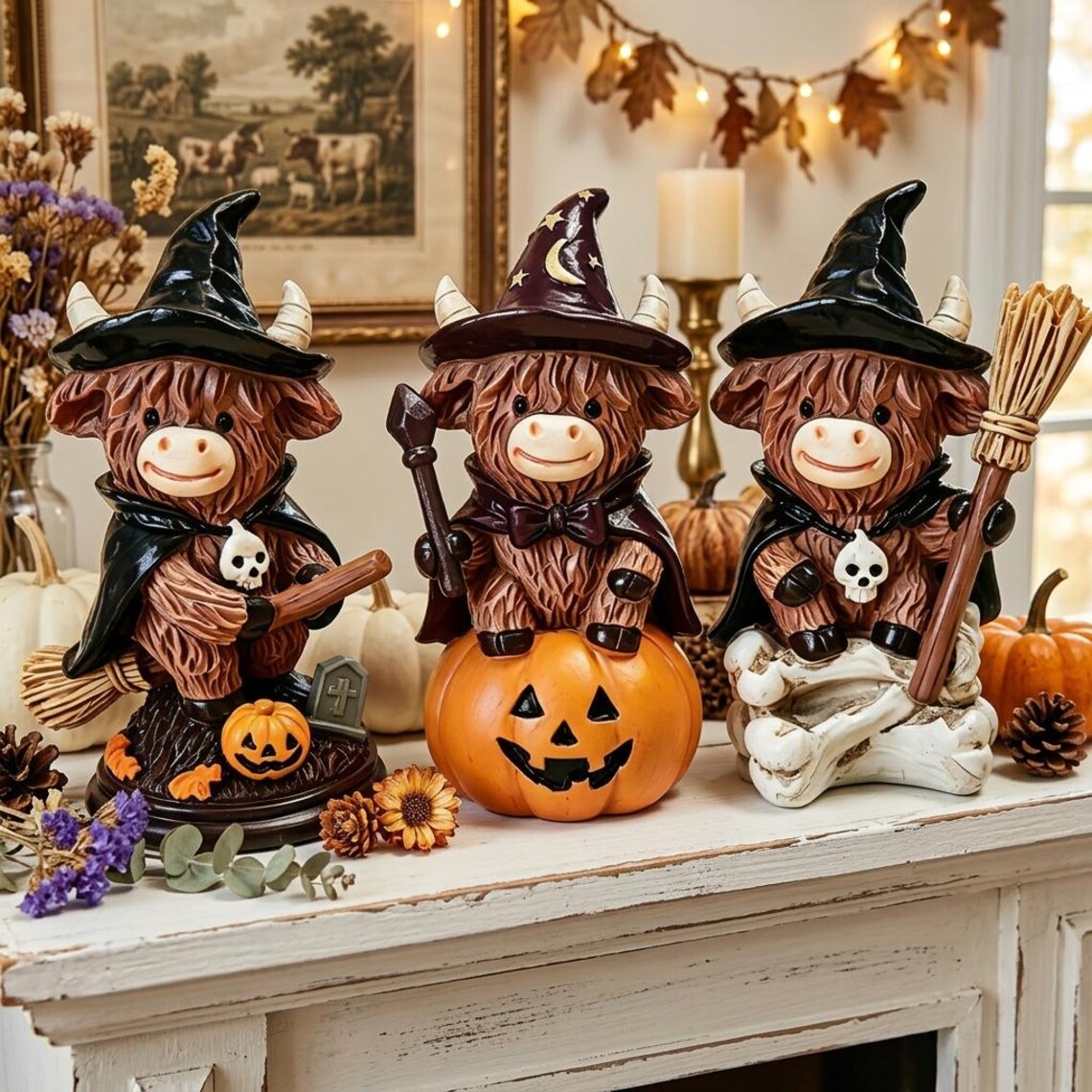🎃🦉Halloween Witch Highland Cow Figurines✨
