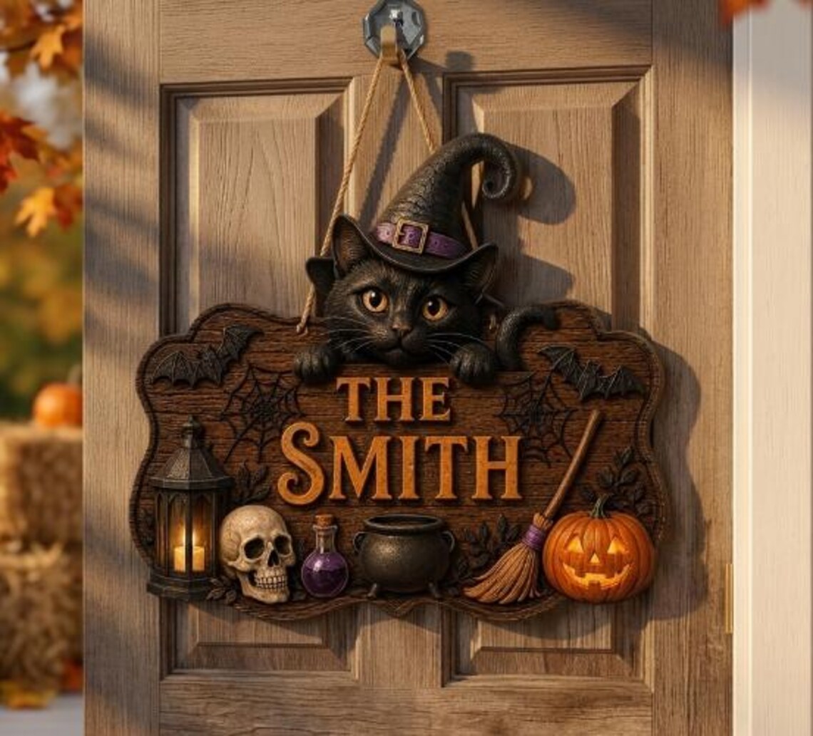 🎃Personalized Witch Black Cat Family Name Halloween Hanging Sign✨