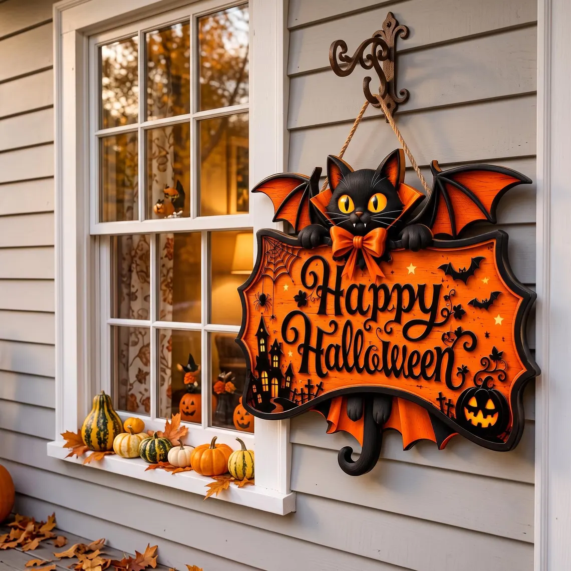 🎃Personalized Bat Wing Black Cat Happy Halloween Custom Hanging Sign✨
