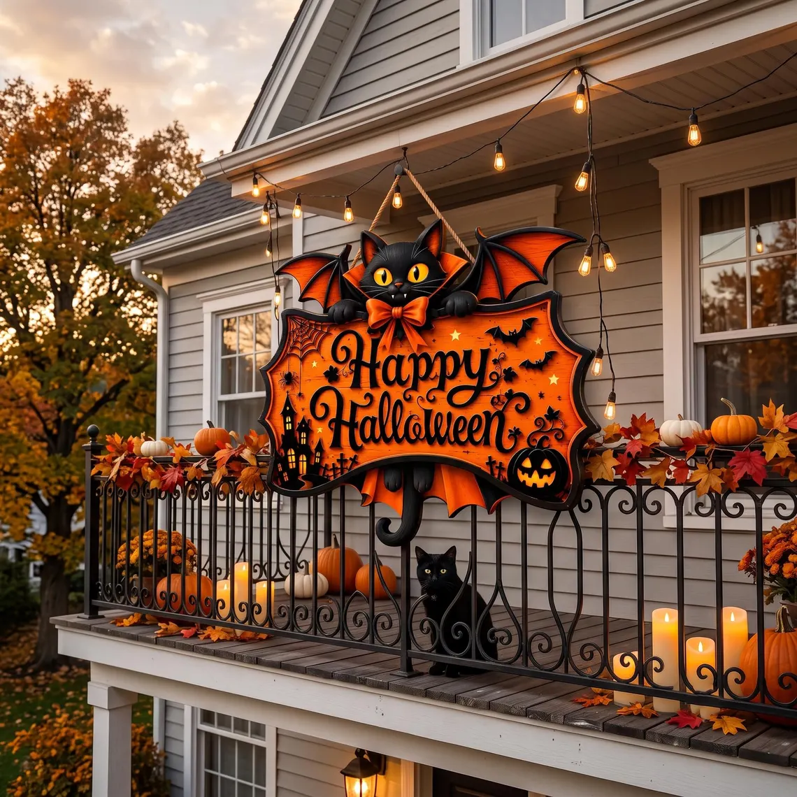 🎃Personalized Bat Wing Black Cat Happy Halloween Custom Hanging Sign✨
