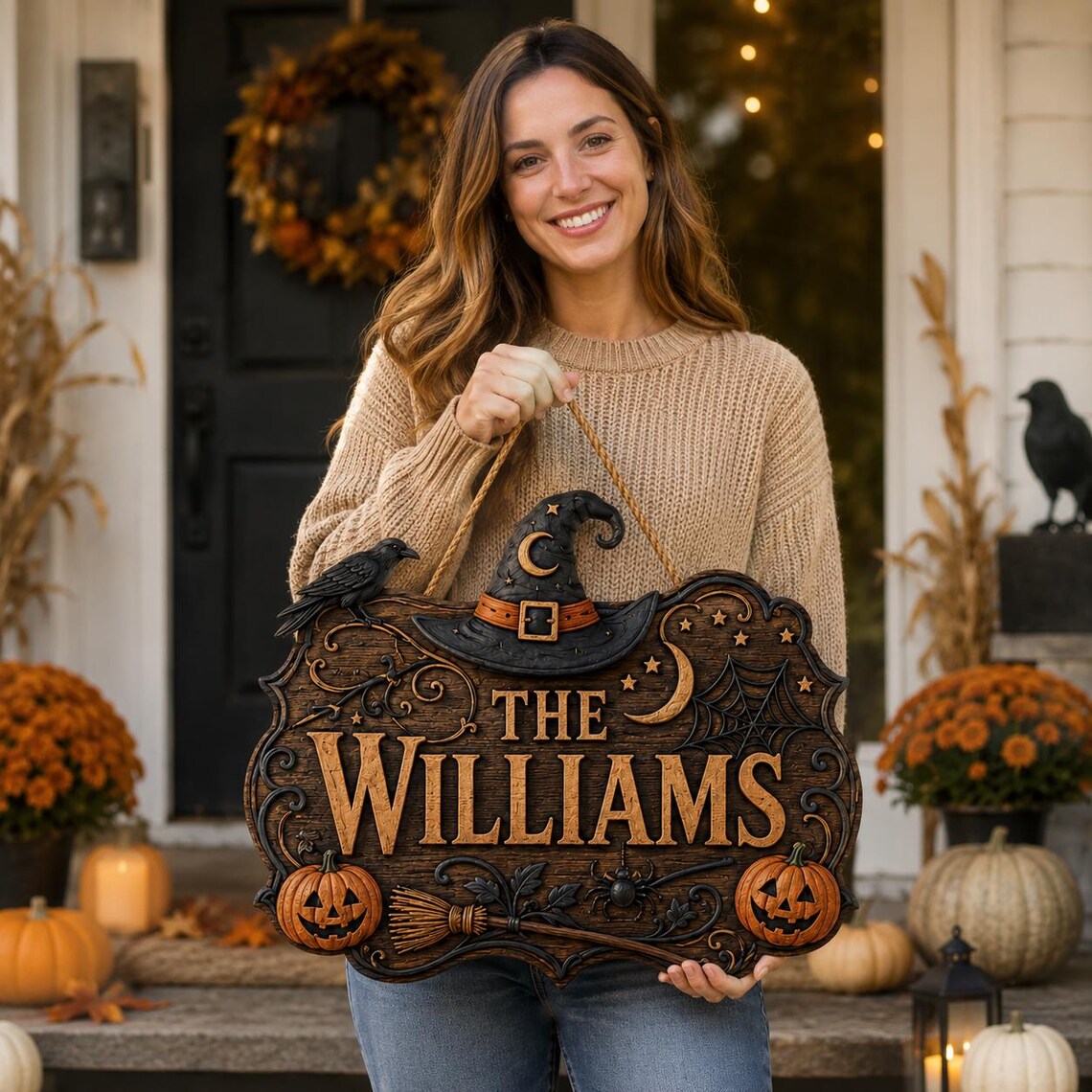🎃Personalized Witch Hat Crow Family Name Halloween Hanging Sign✨