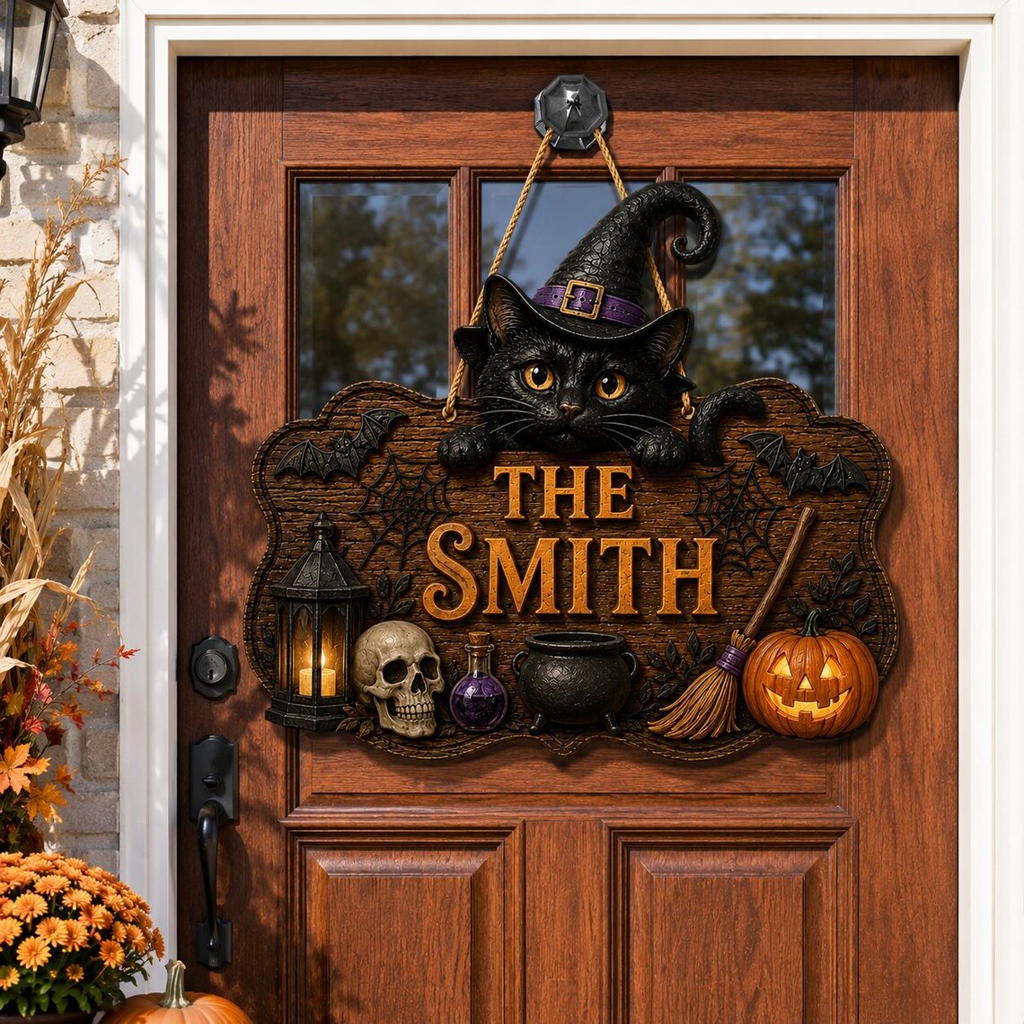 🎃Personalized Witch Black Cat Family Name Halloween Hanging Sign✨