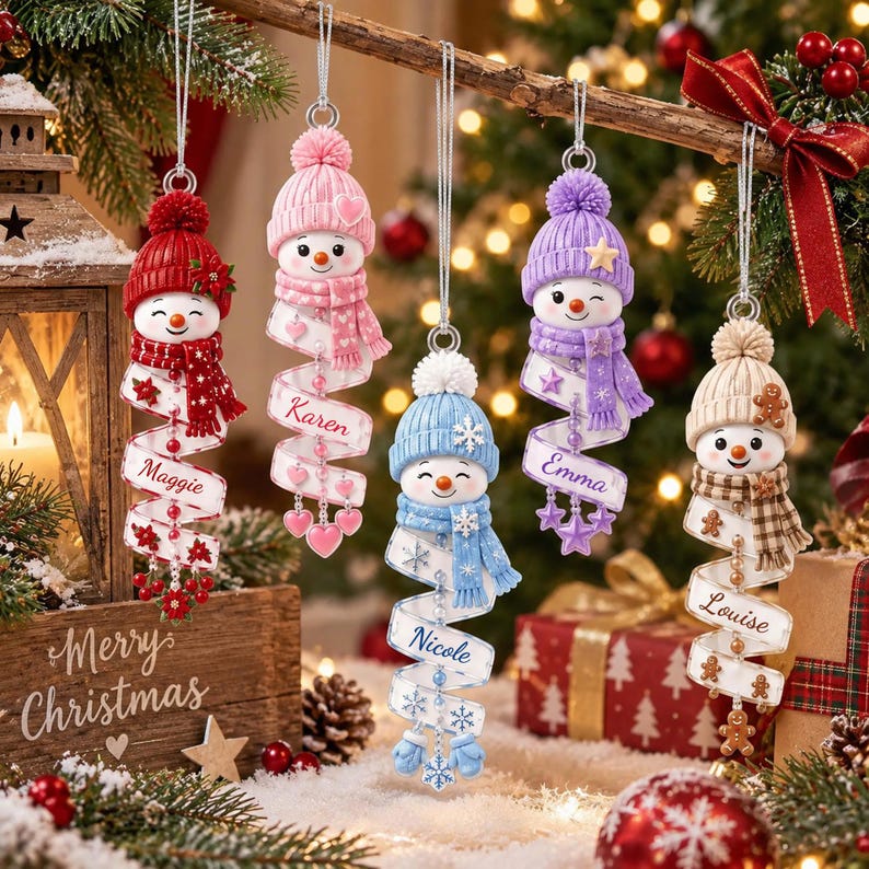 🎄 Personalized Spiral Snowman Christmas Ornament ❄️