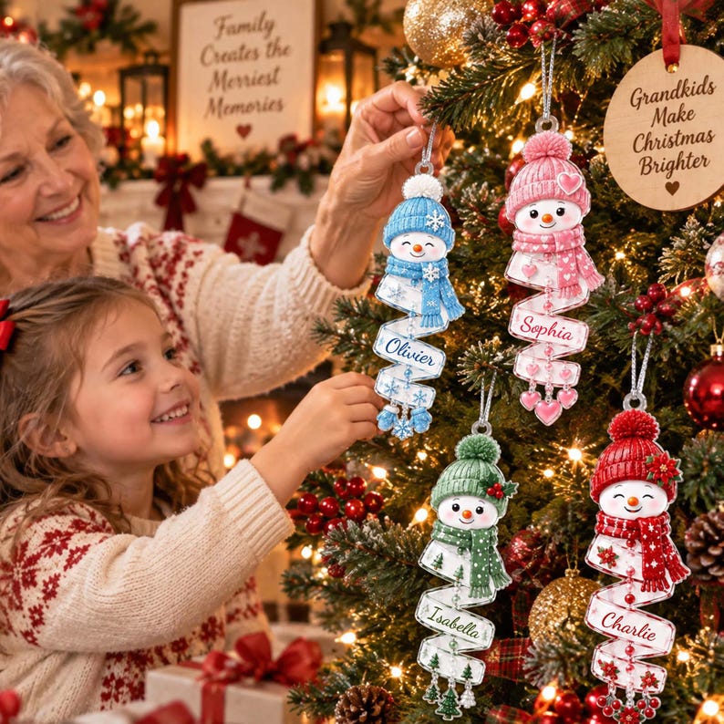🎄 Personalized Spiral Snowman Christmas Ornament ❄️