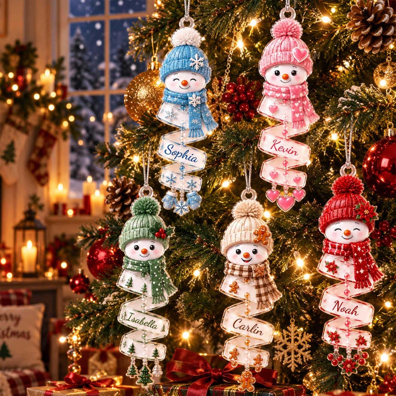 🎄 Personalized Spiral Snowman Christmas Ornament ❄️