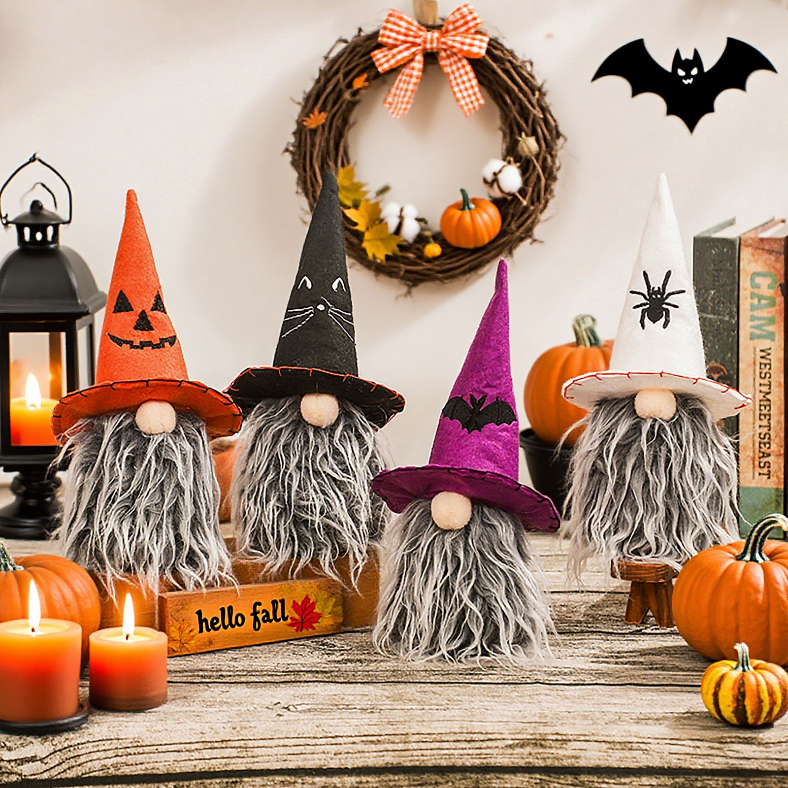 4 Pack Halloween Pumpkin Spider Cat Gonk Set (9 inches)