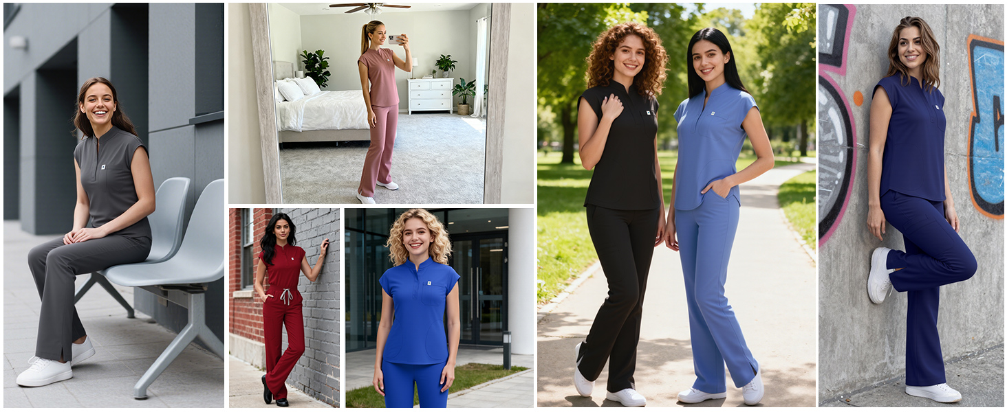 Scrubs for Women Set, Sleeveless Stand Collar Top &amp;amp; Straight Leg Cut Pant