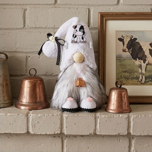 Black White Cow Gnome with Cowbell (11inches)