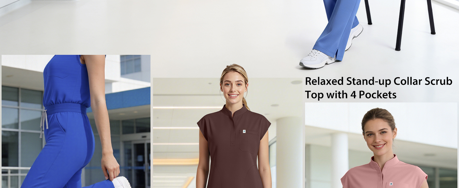 Scrubs for Women Set, Sleeveless Stand Collar Top &amp;amp; Straight Leg Cut Pant
