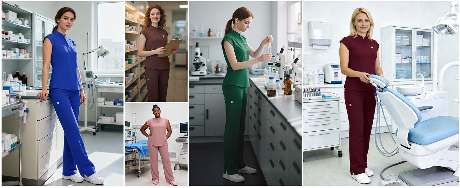 Scrubs for Women Set, Sleeveless Stand Collar Top &amp;amp; Straight Leg Cut Pant