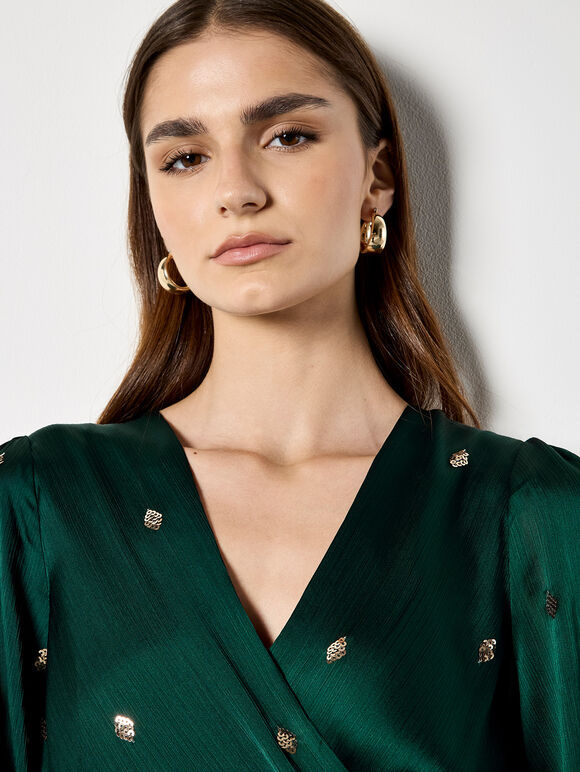 Sequin Spot Satin Wrap Mini Dress