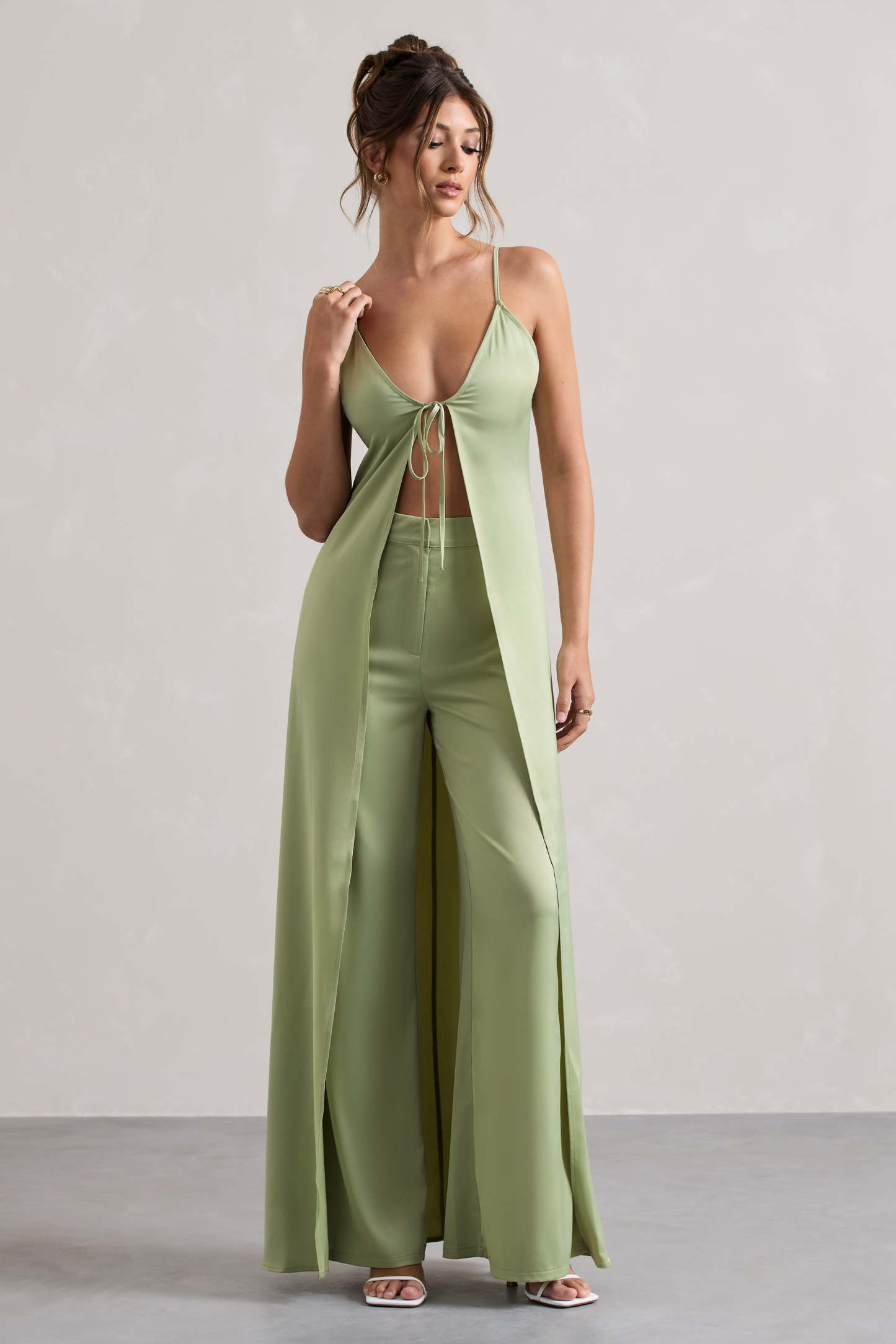 Your Way | Pale Green Satin Wide-Leg Trousers