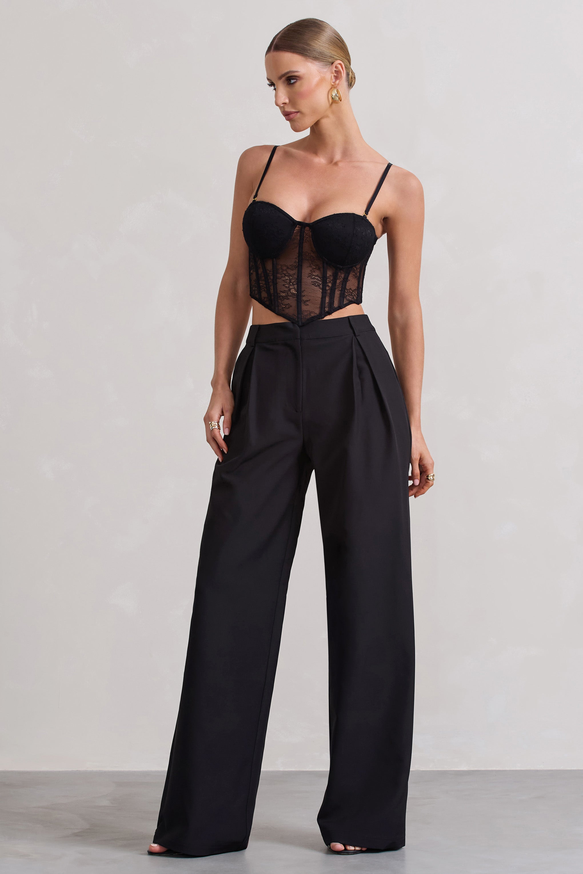 Black High Waist Pleated Wide-Leg Trousers