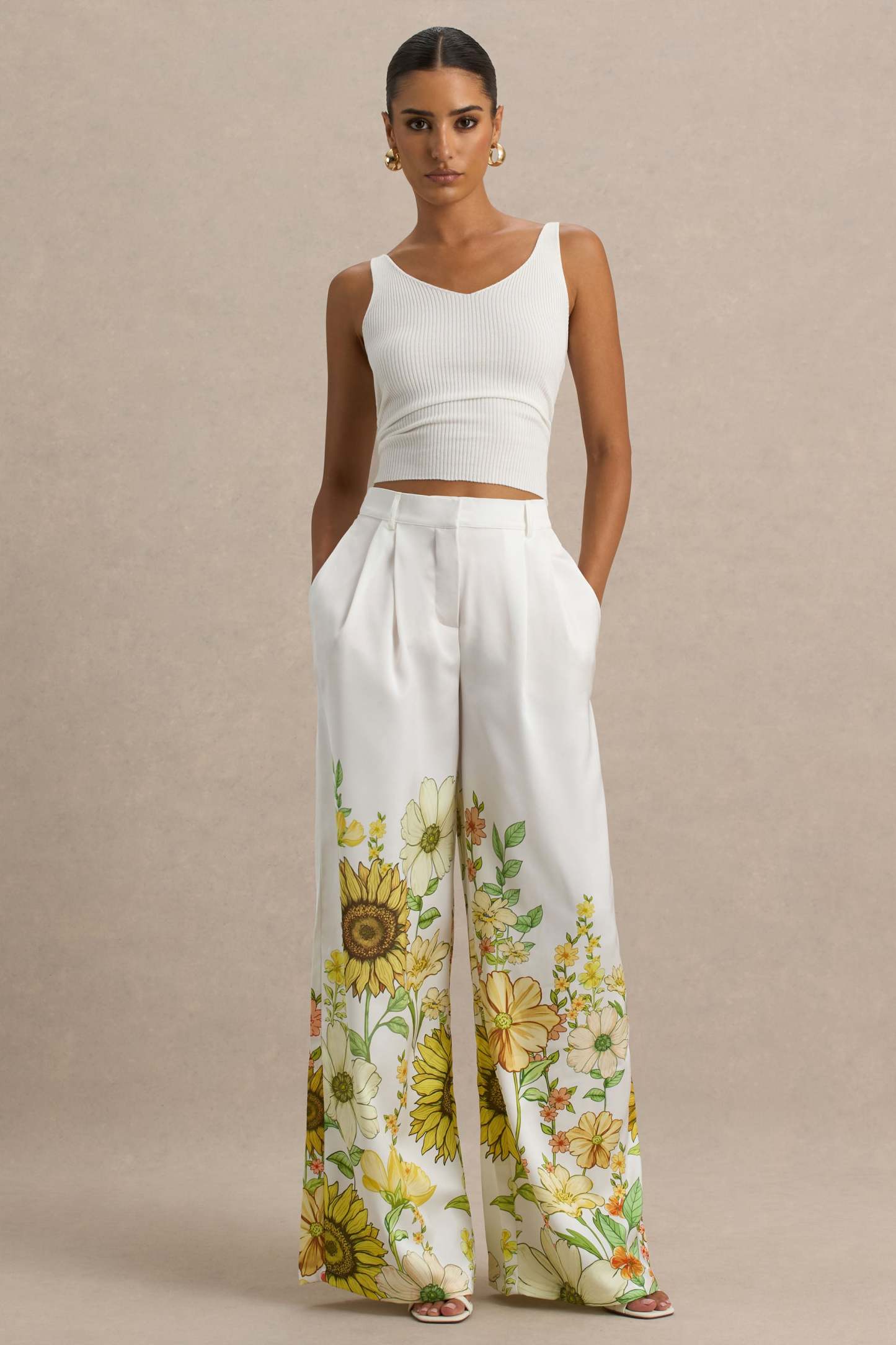 Louise | Sunflower Print Wide-Leg Trousers