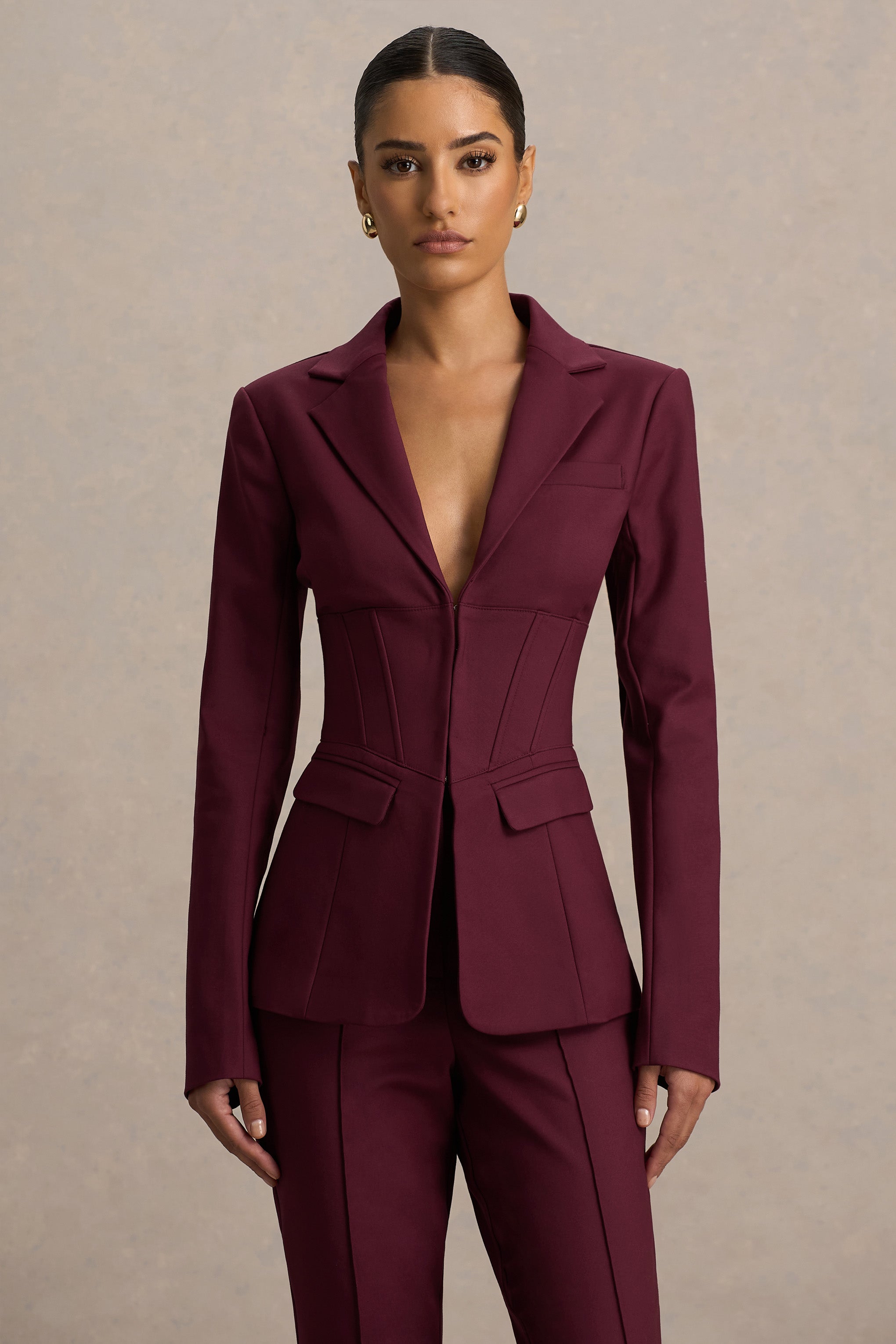 Burgundy High Waist Tailored Trousers With Hem Split