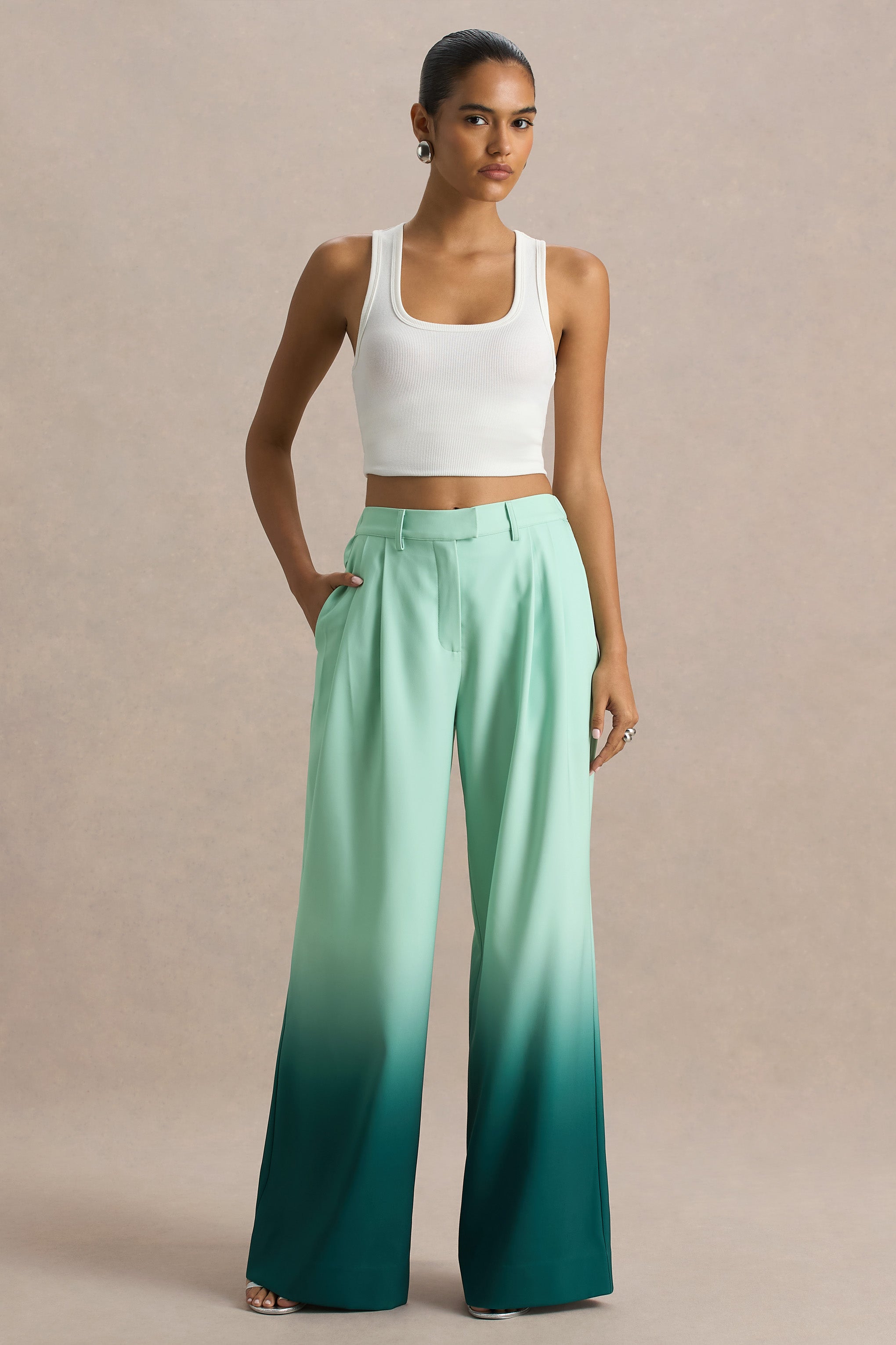 Emerald Ombre Satin Wide-Leg Trousers