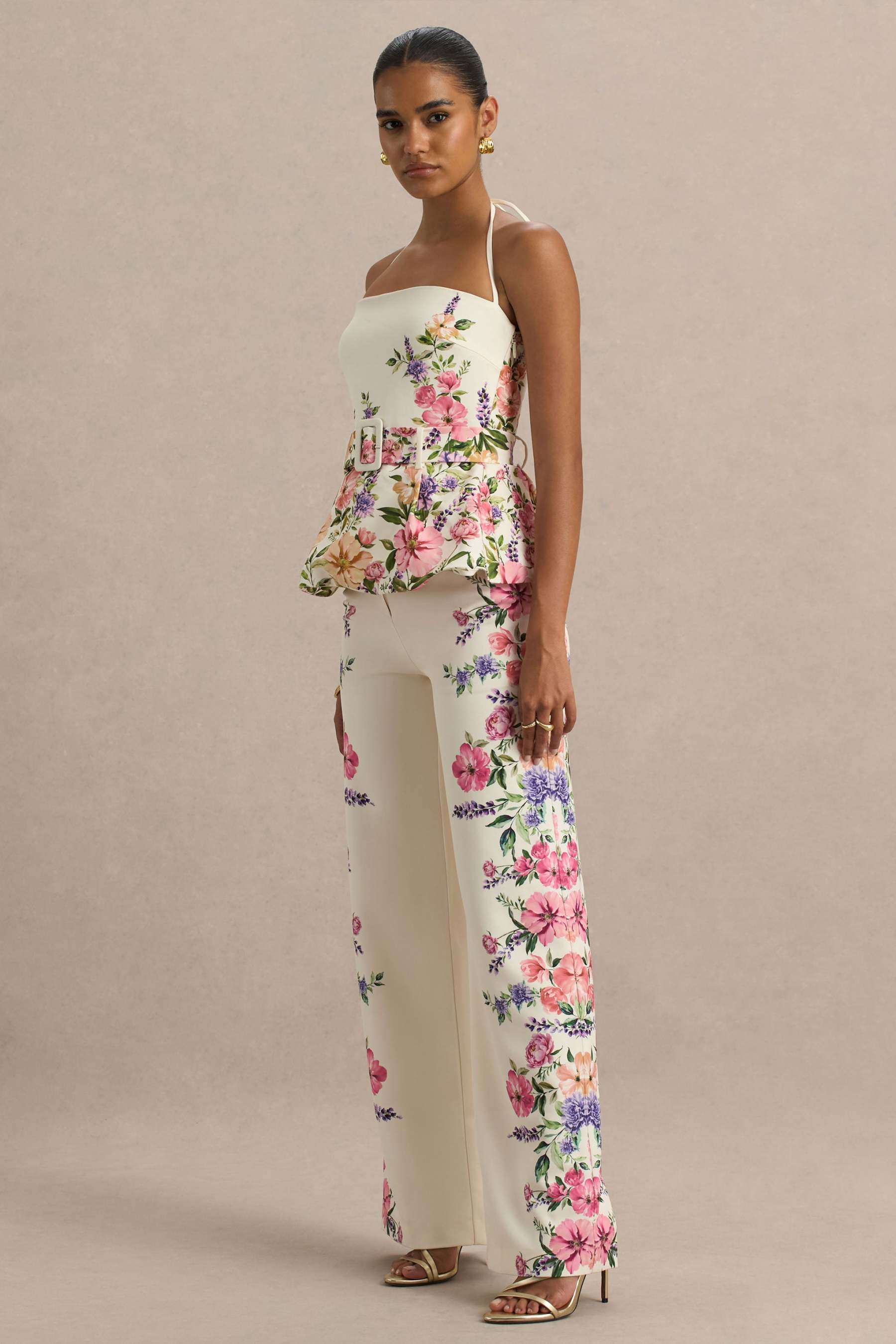 White Floral Border Print Wide-Leg Trousers