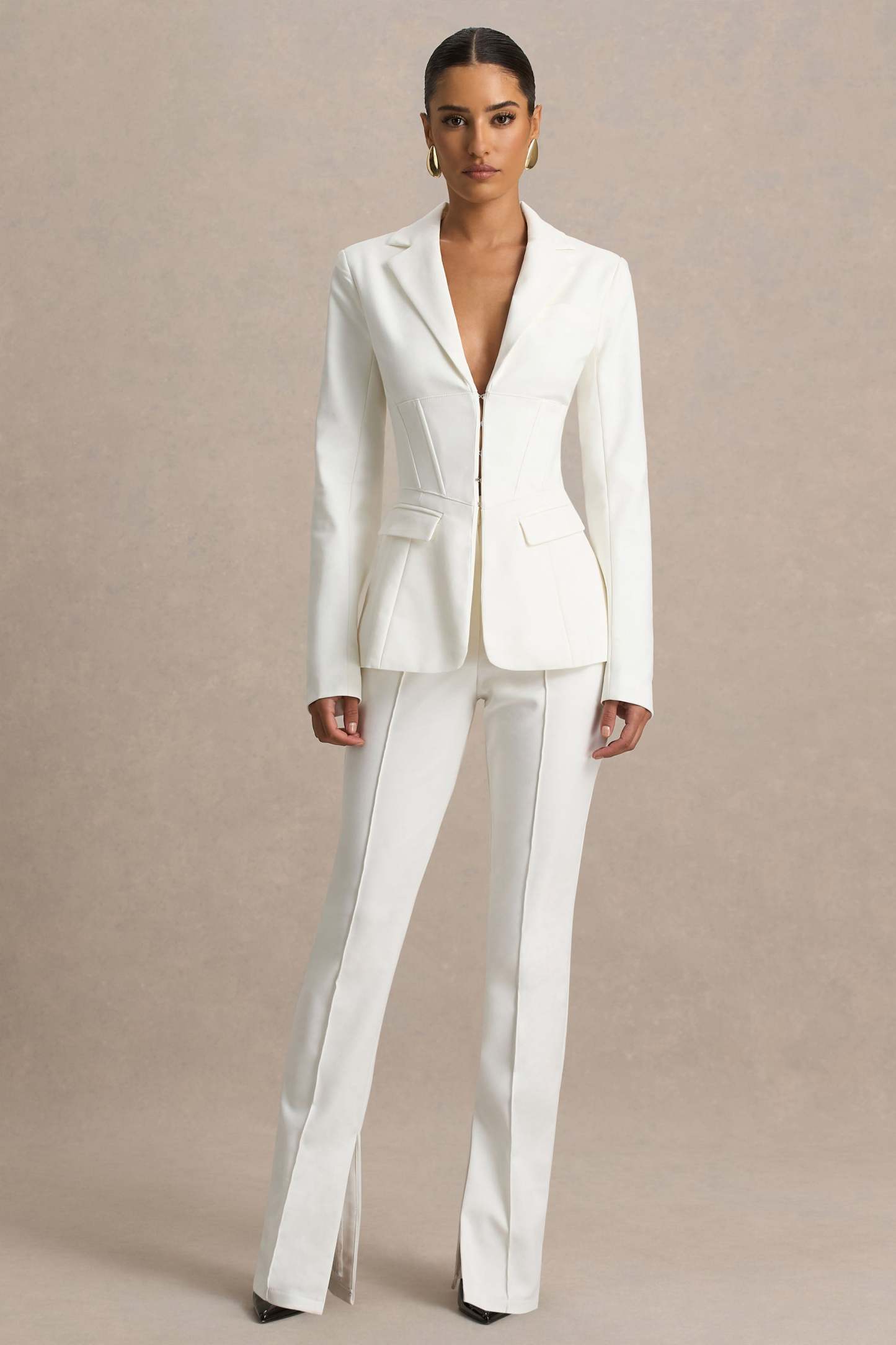 Cream High Waist Tailored Trousers With Hem Split