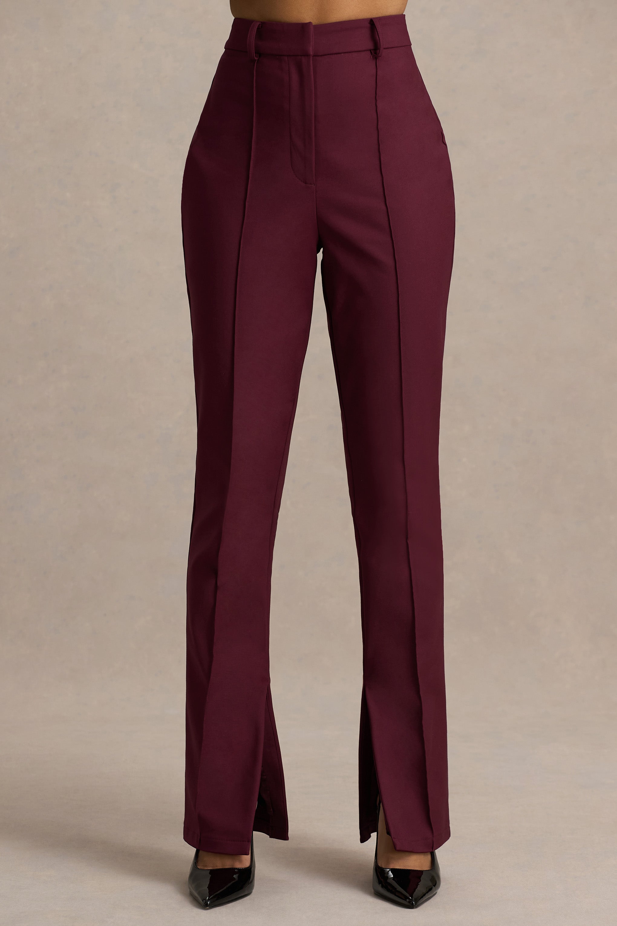 Burgundy High Waist Tailored Trousers With Hem Split