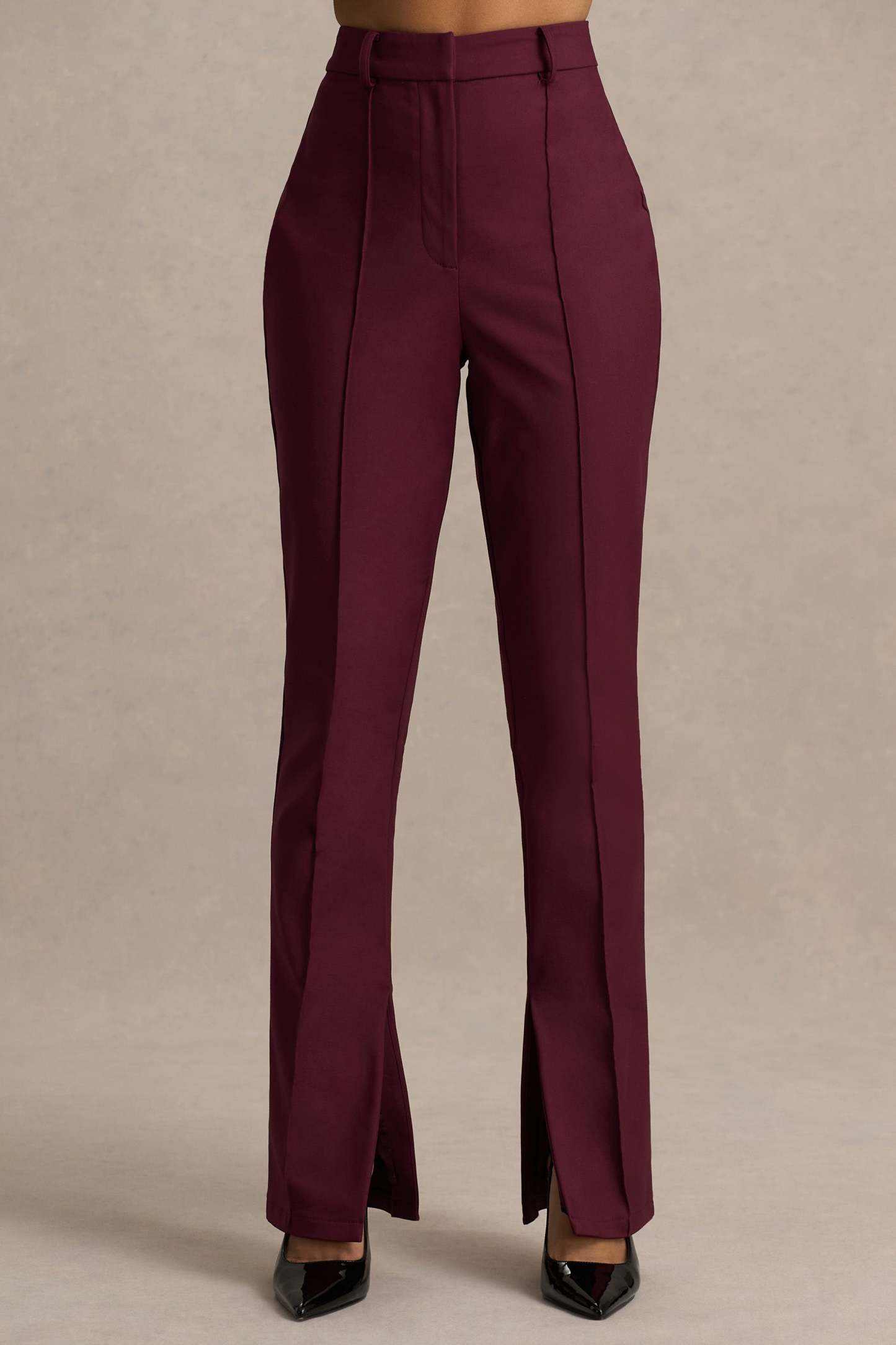Burgundy High Waist Tailored Trousers With Hem Split