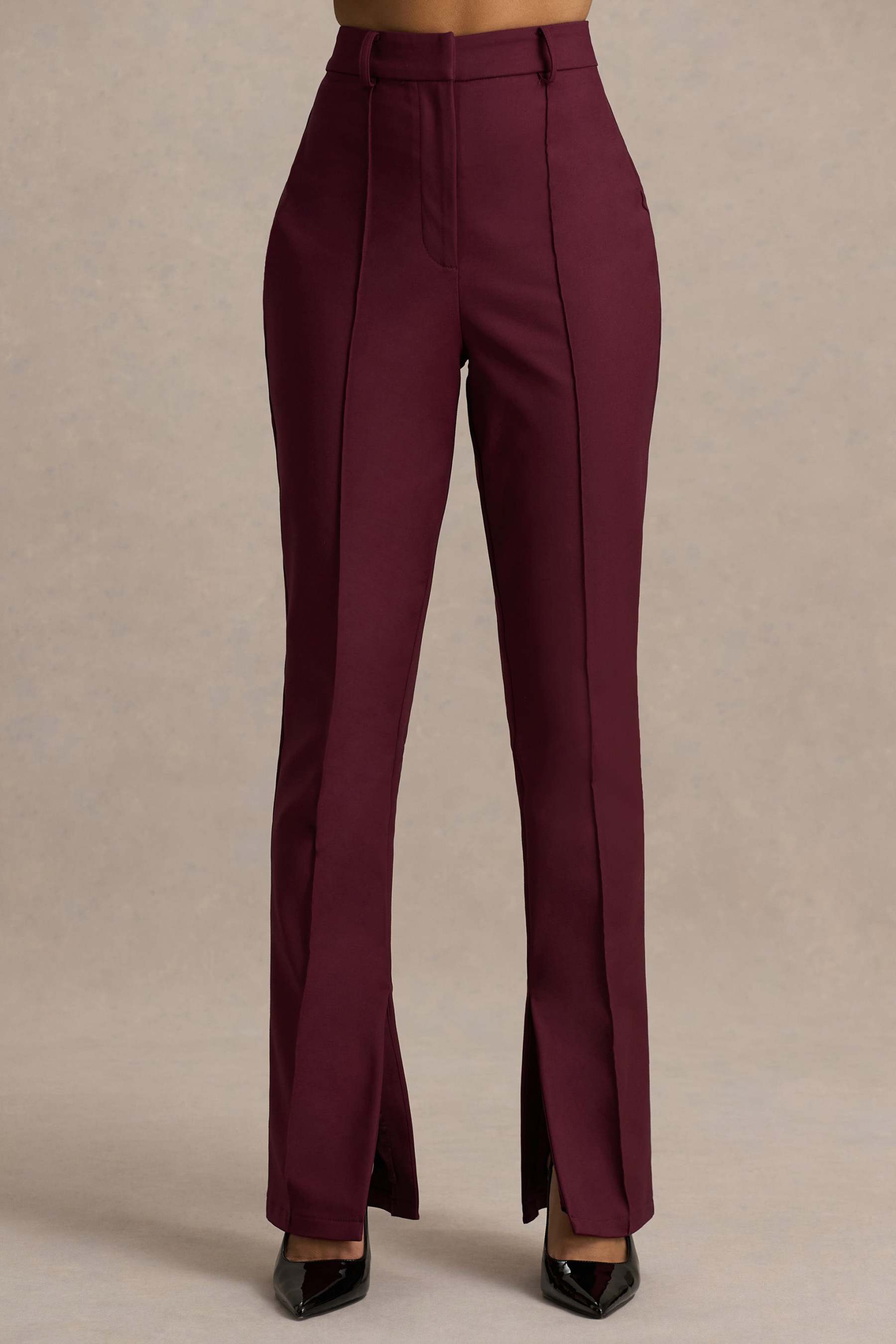 Burgundy High Waist Tailored Trousers With Hem Split