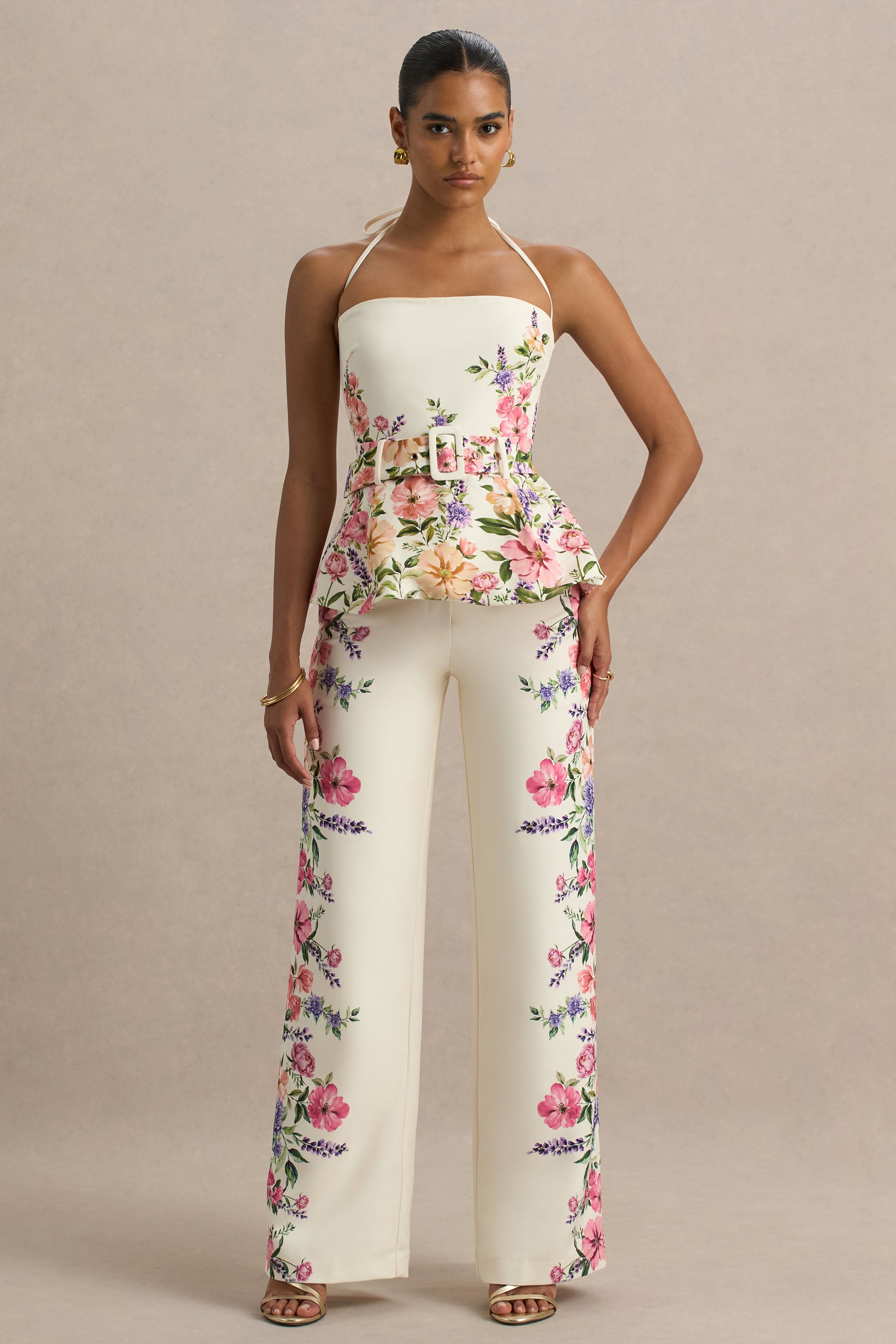 White Floral Border Print Wide-Leg Trousers
