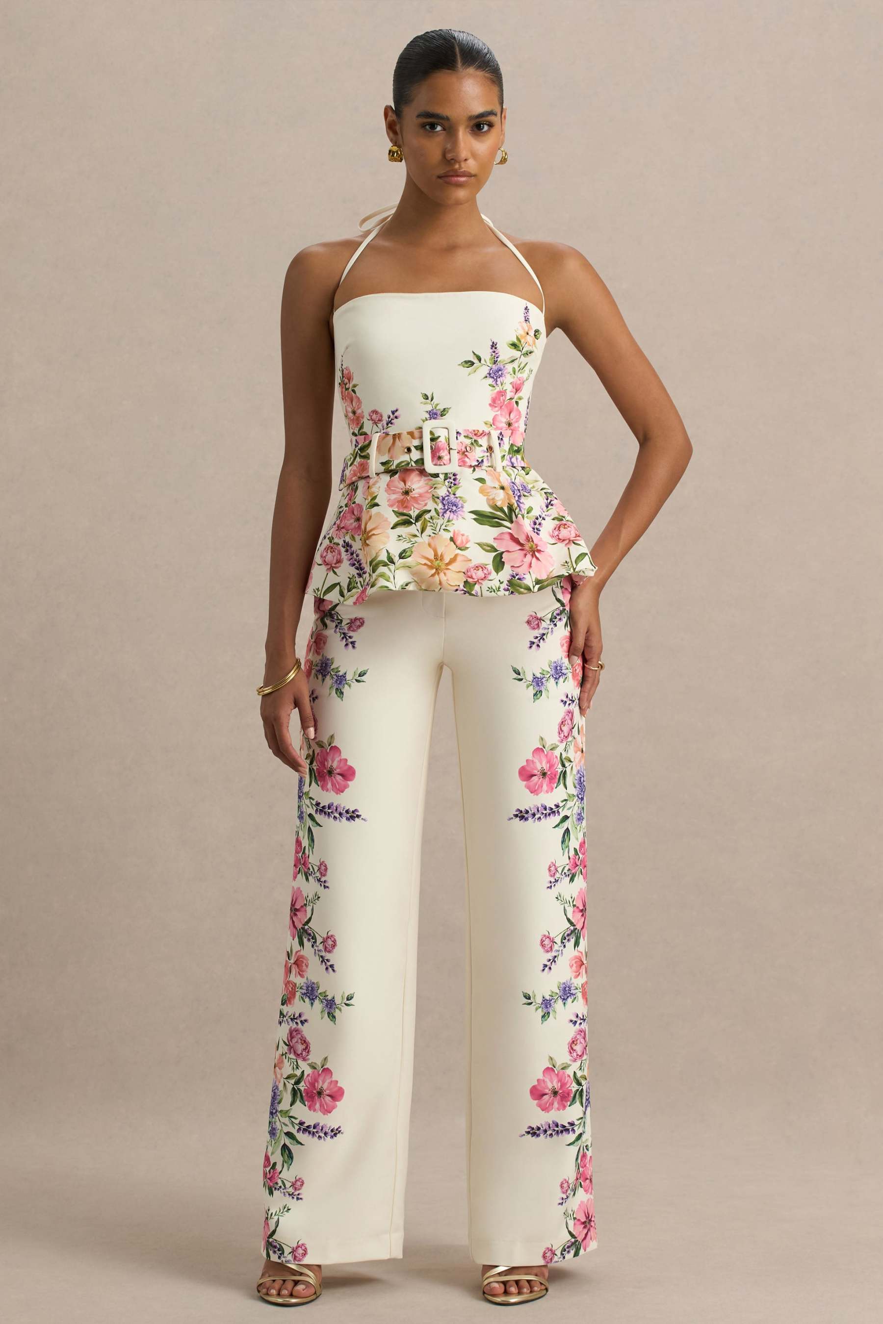 White Floral Border Print Wide-Leg Trousers