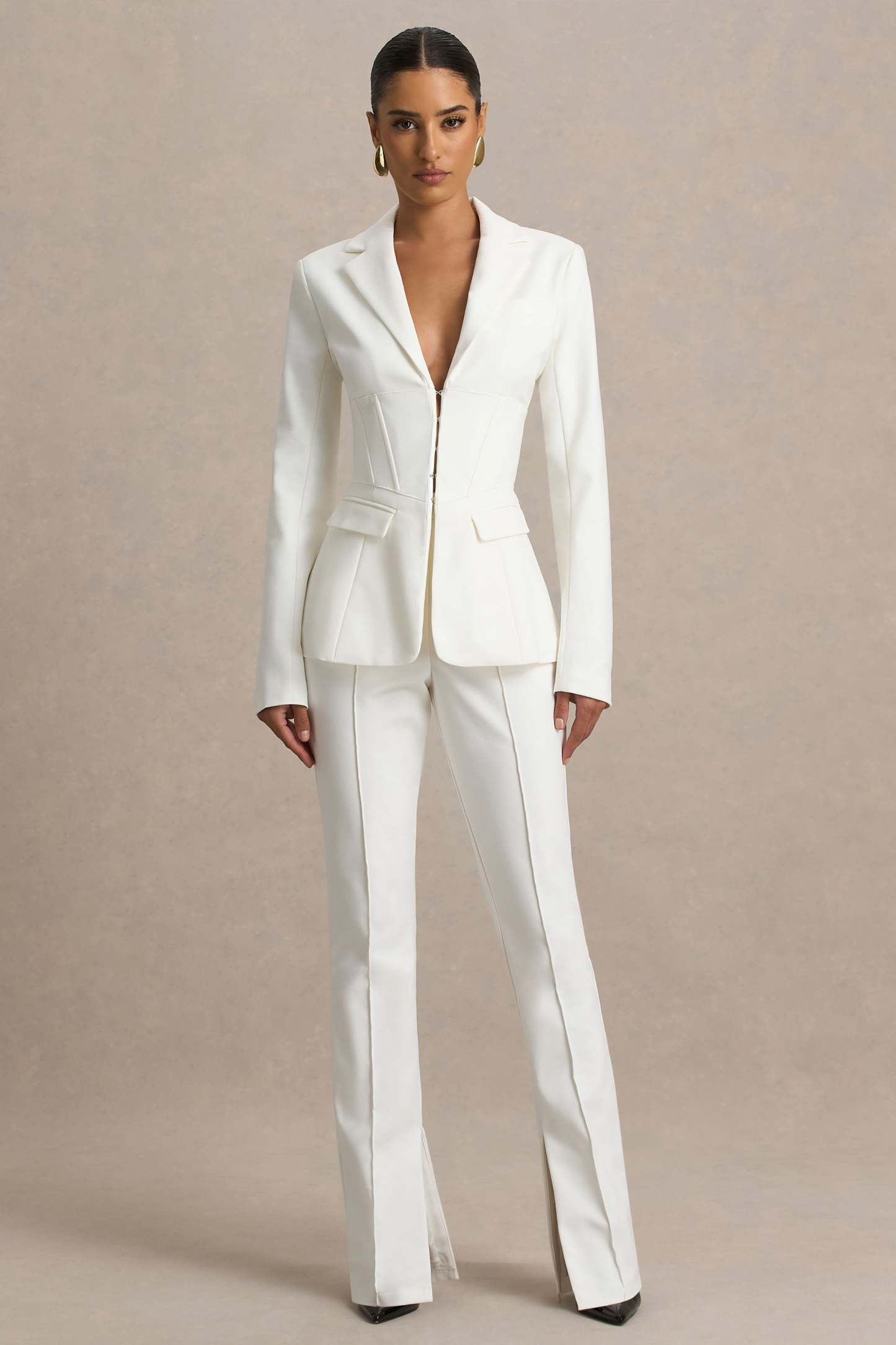 Cream High Waist Tailored Trousers With Hem Split