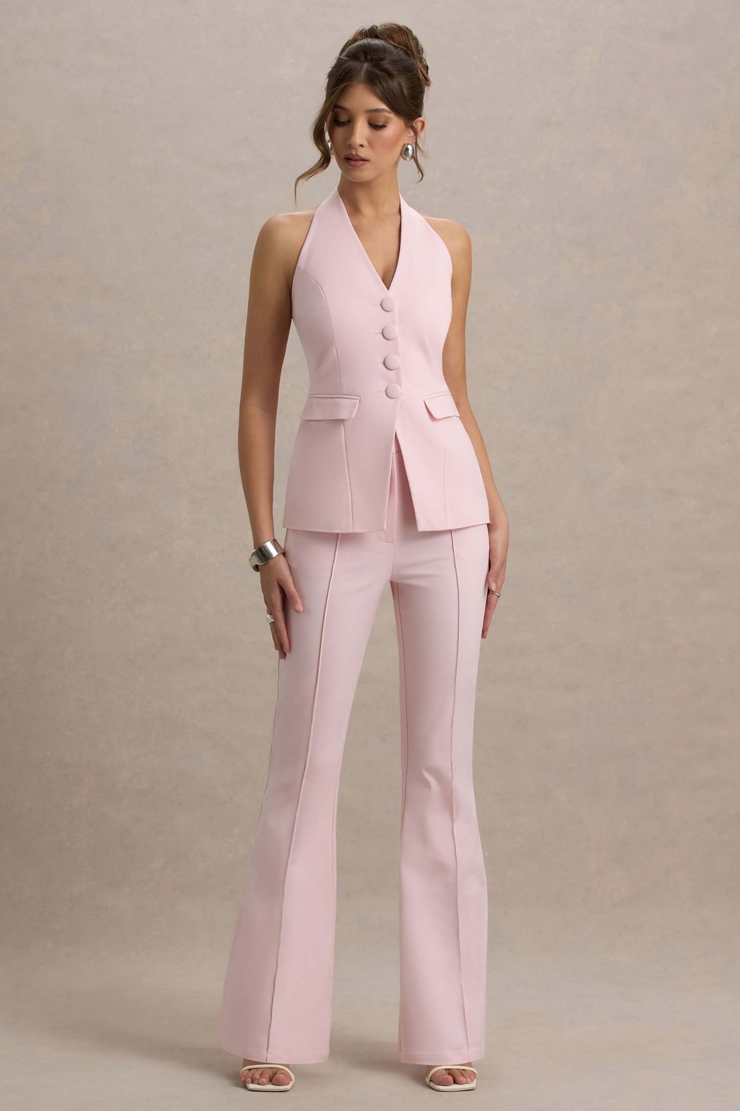 Carina | Pink Flared-Leg Tailored Trousers