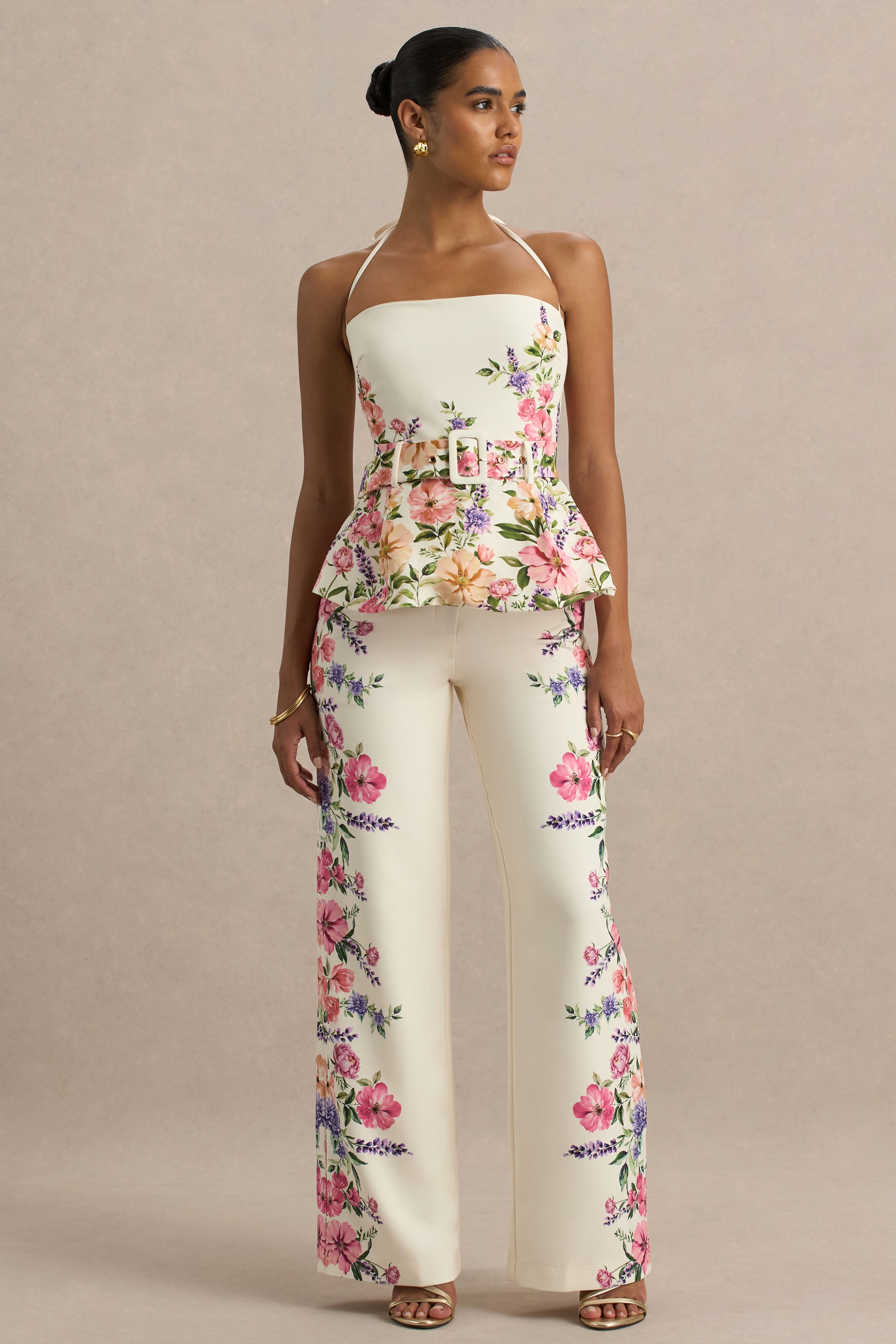 White Floral Border Print Wide-Leg Trousers