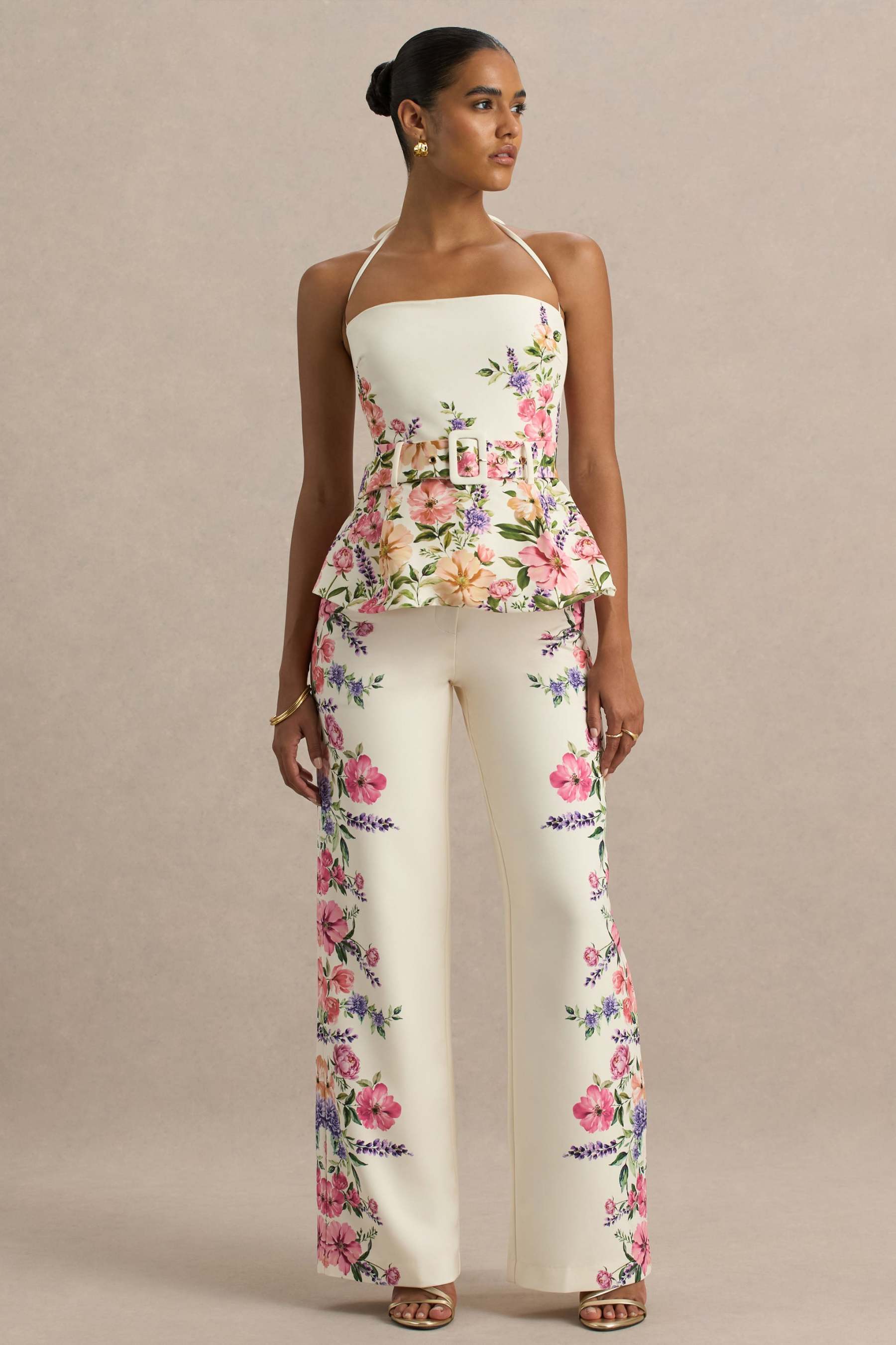 White Floral Border Print Wide-Leg Trousers