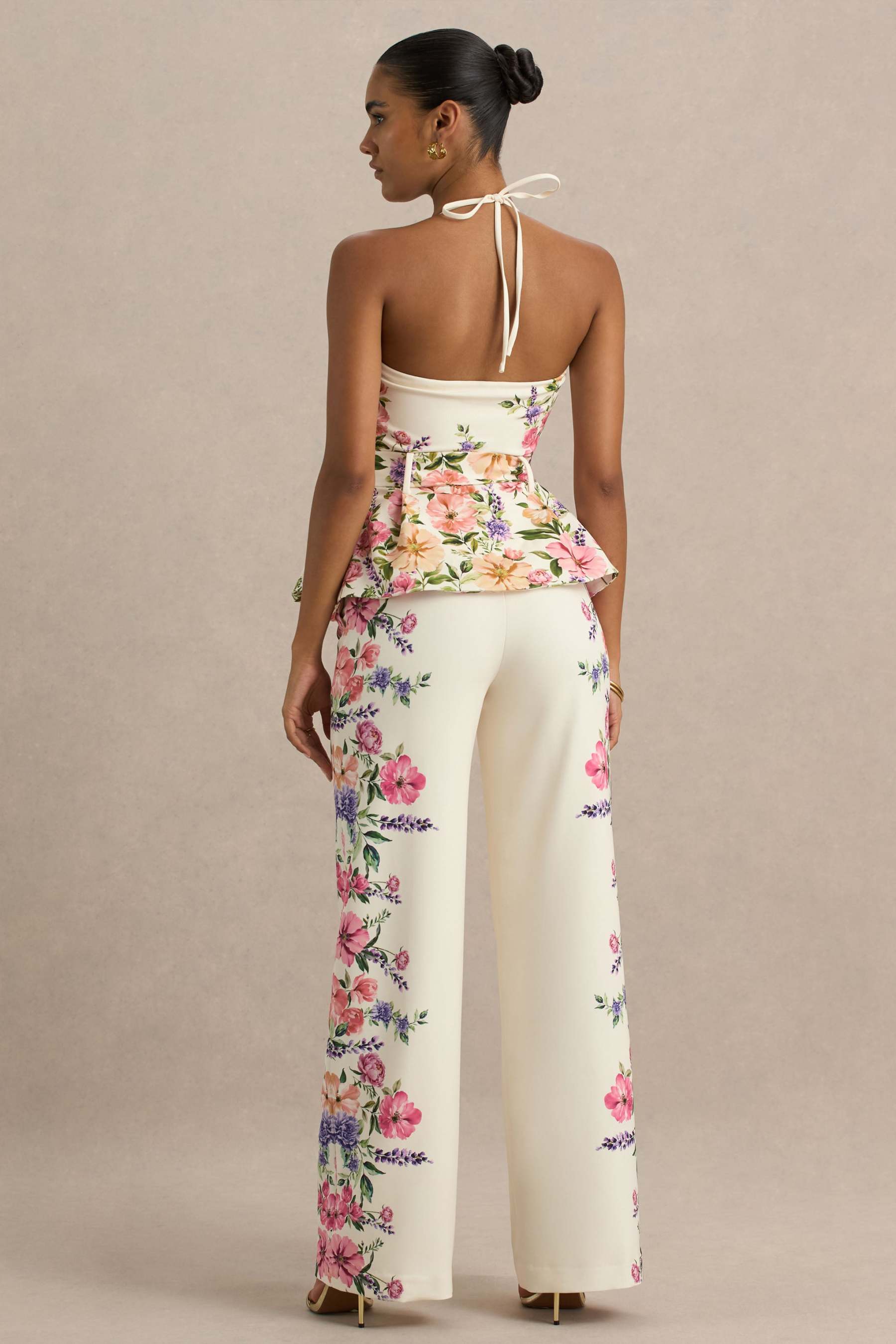 White Floral Border Print Wide-Leg Trousers