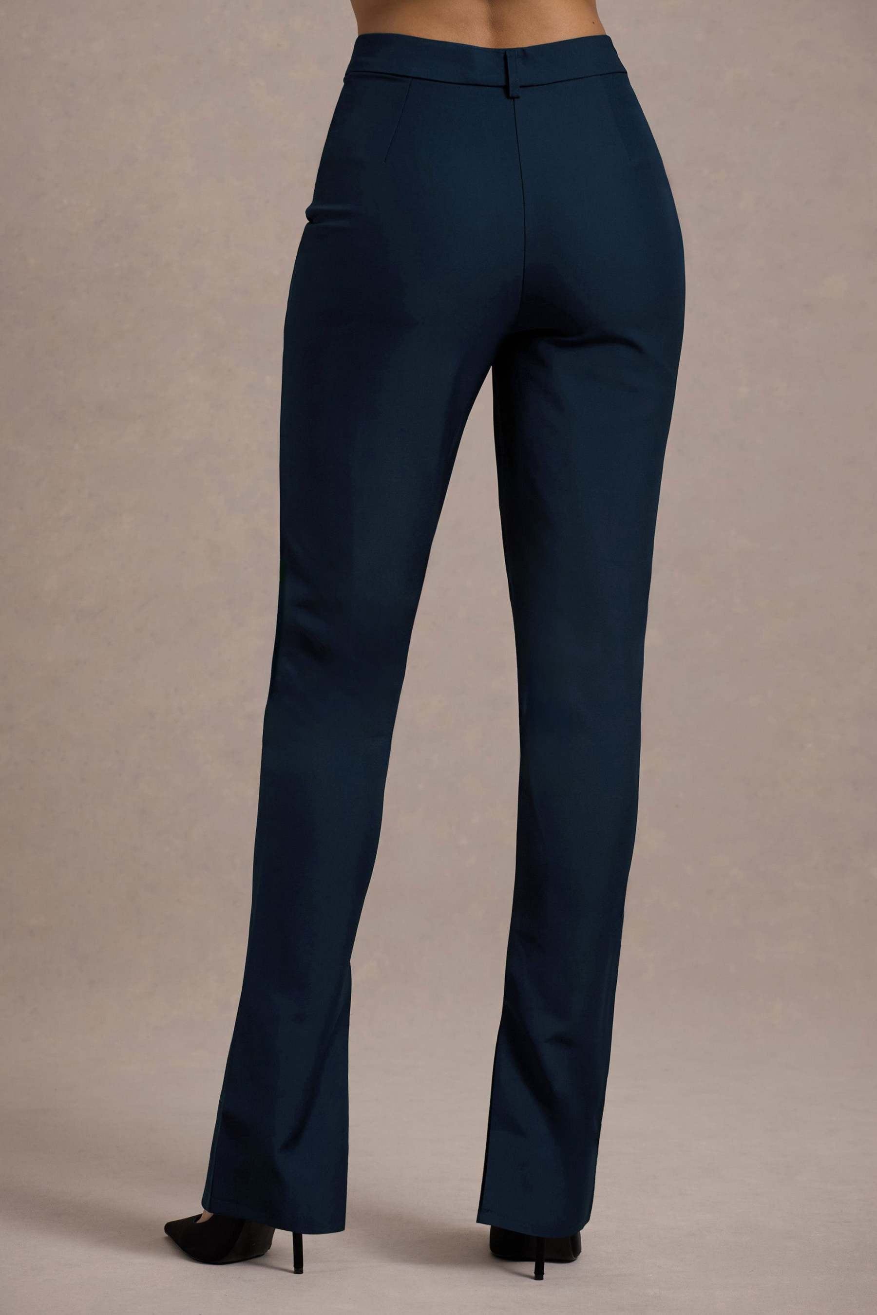 Navy High Waist Tailored Trousers With Hem Split