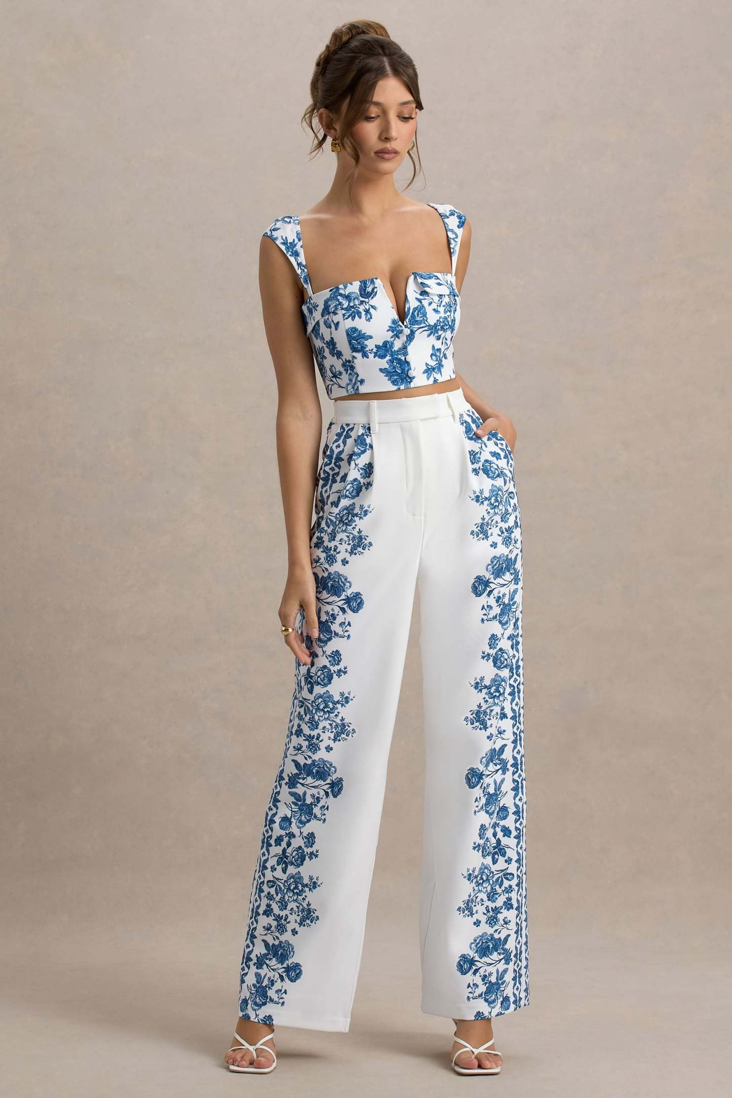 Zelie | Blue Porcelain Print Wide-Leg Trousers